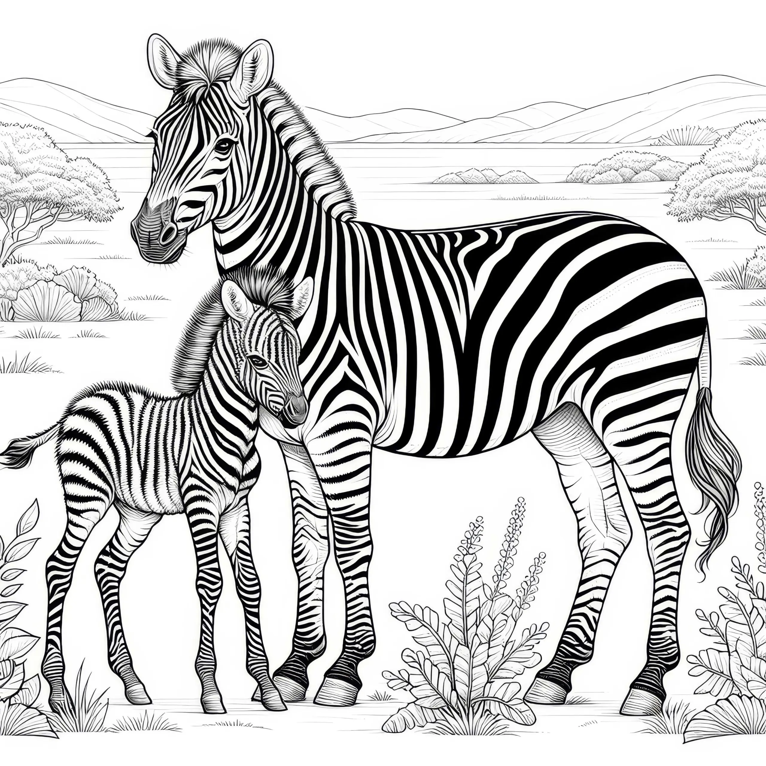 Zebra-Mutter mit Fohlen: Malvorlage zum Herunterladen (Kostenlos) (Ausmalbild)