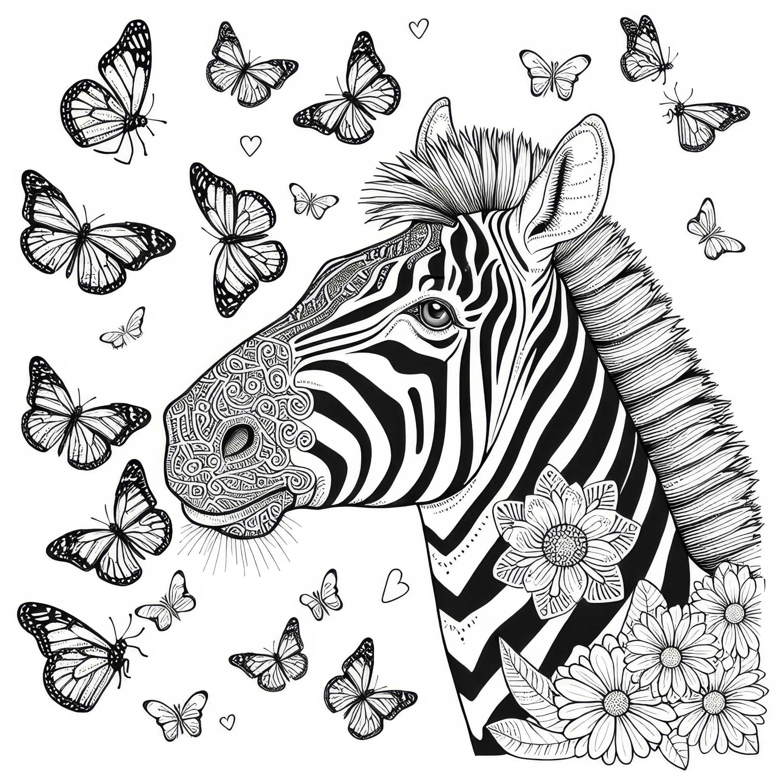Zebra mit Schmetterlingen: Detailreiche Malvorlage (Kostenlos) (Ausmalbild)