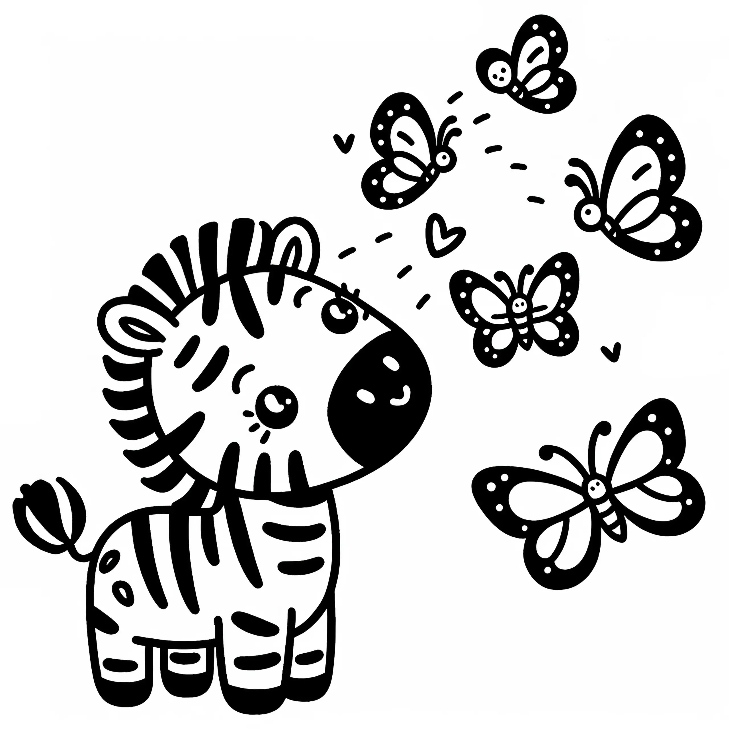 Zebra mit Schmetterlingen: Einfache Malvorlage (Gratis) (Ausmalbild)