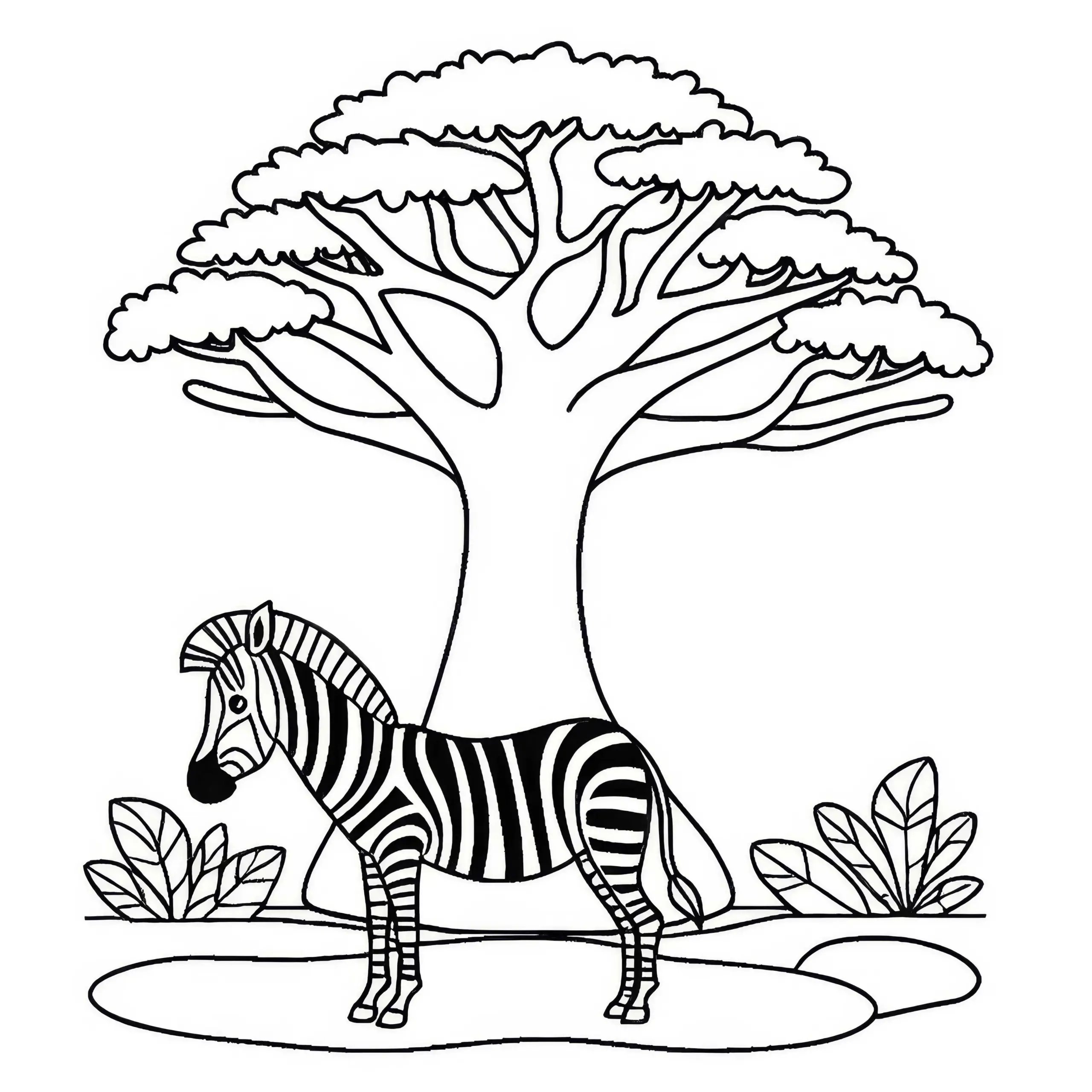 Zebra steht vor Baobab-Baum: Einfache Malvorlage (Kostenlos) (Ausmalbild)