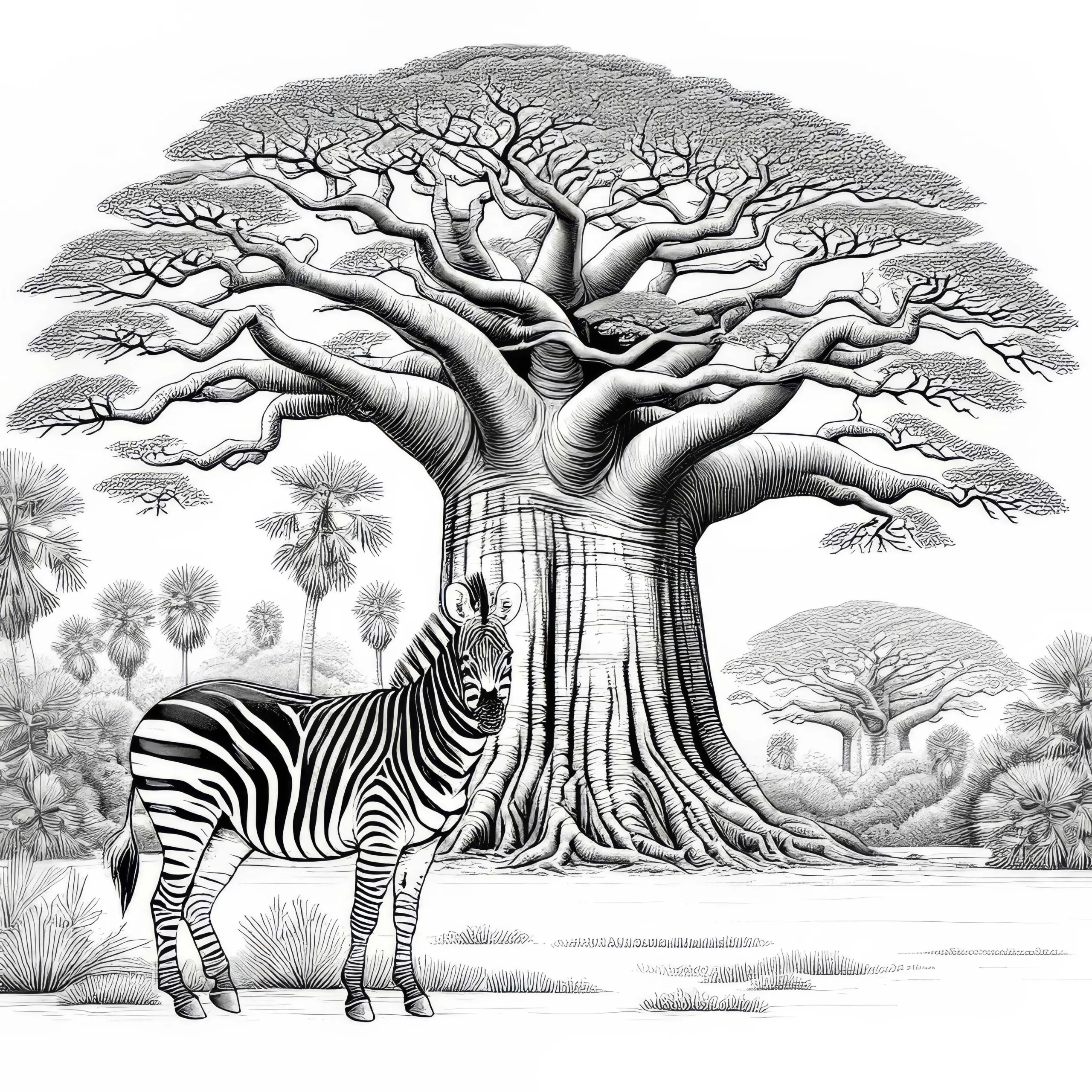 Zebra steht vor Baobab-Baum: Malvorlage zum Herunterladen (Kostenlos) (Ausmalbild)