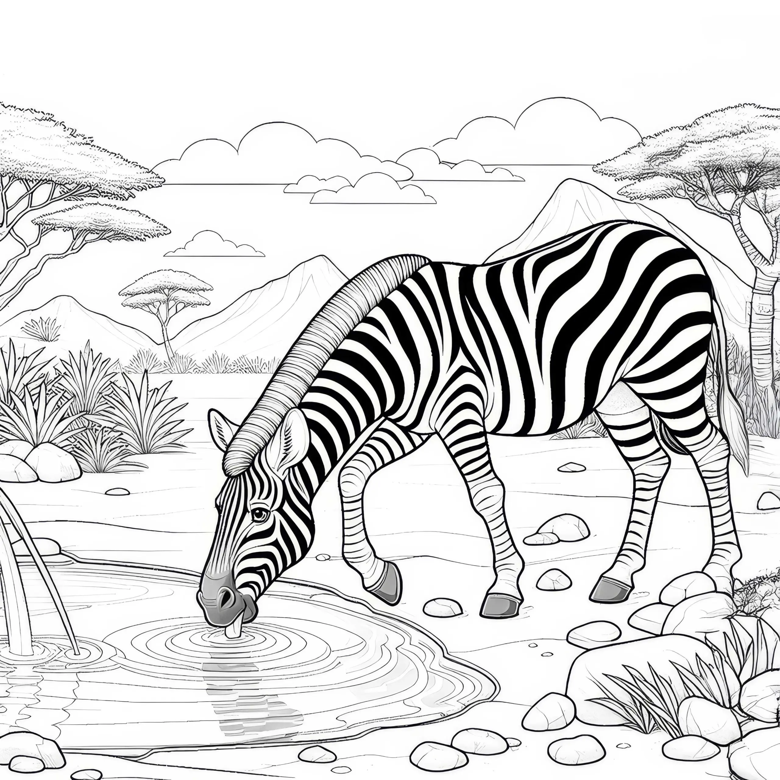 Zebra trinkt Wasser in der Oase: Detailreiches Ausmalbild (Kostenlos)
