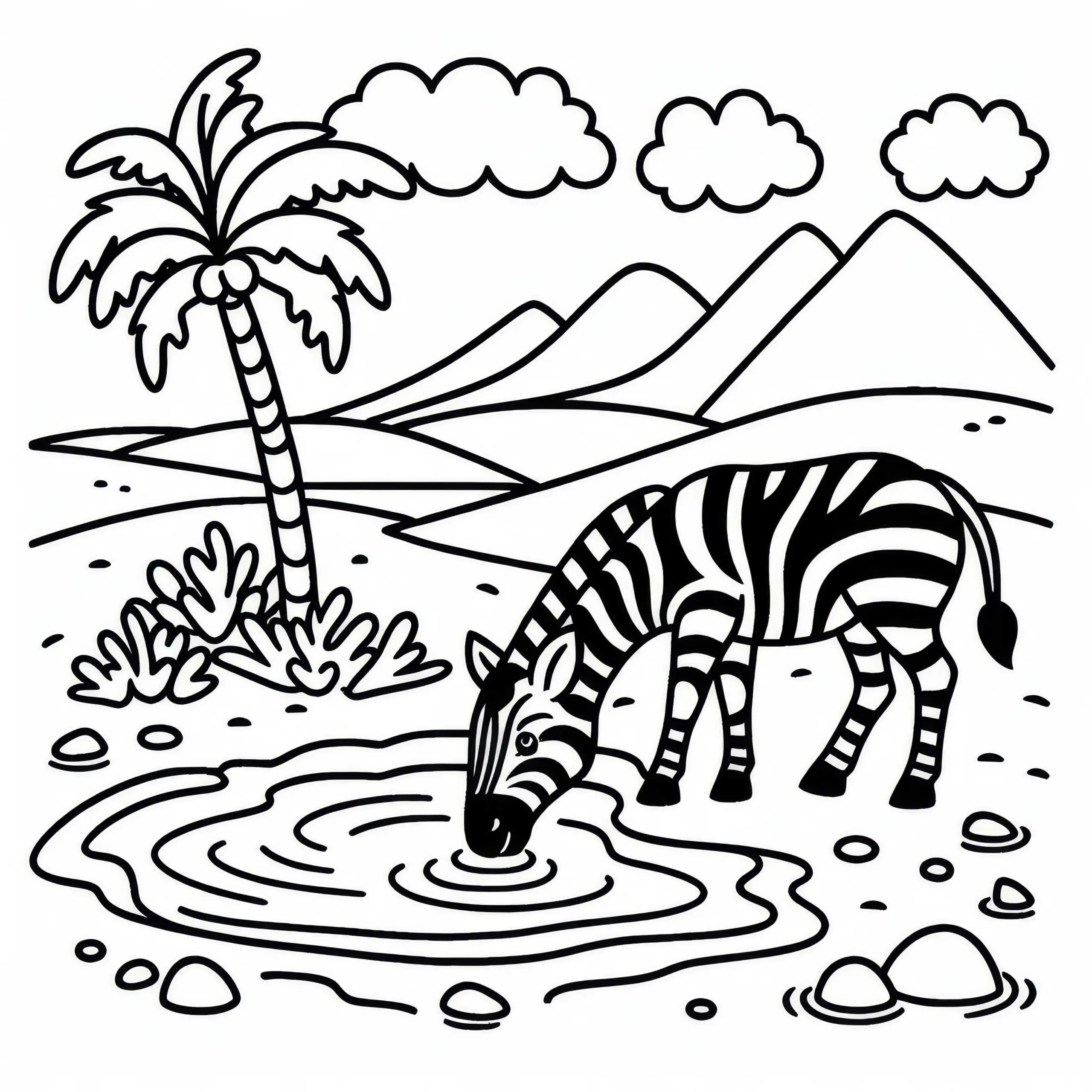 Zebra trinkt Wasser in der Oase: Einfaches Ausmalbild (Gratis)