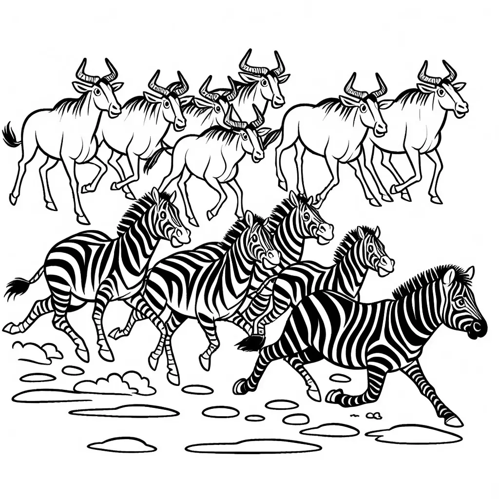 Zebras rennen vor der Gnu-Herde davon: Einfaches Ausmalbild (Gratis)