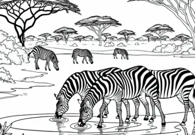 Zebras Trinken an Wasserstelle in der Savanne – Malvorlage Gratis
