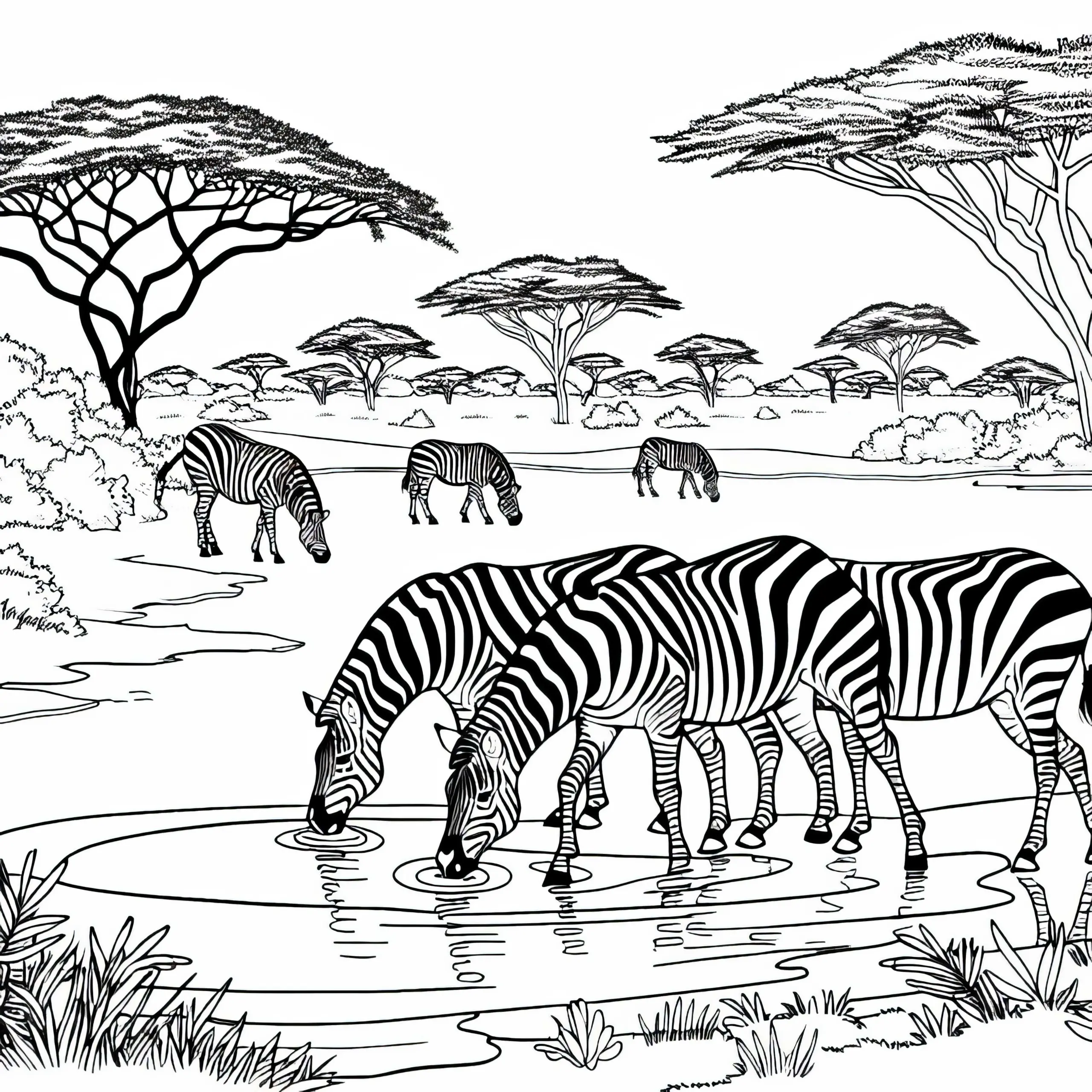 Zebras Trinken an Wasserstelle in der Savanne – Malvorlage Gratis (Ausmalbild)