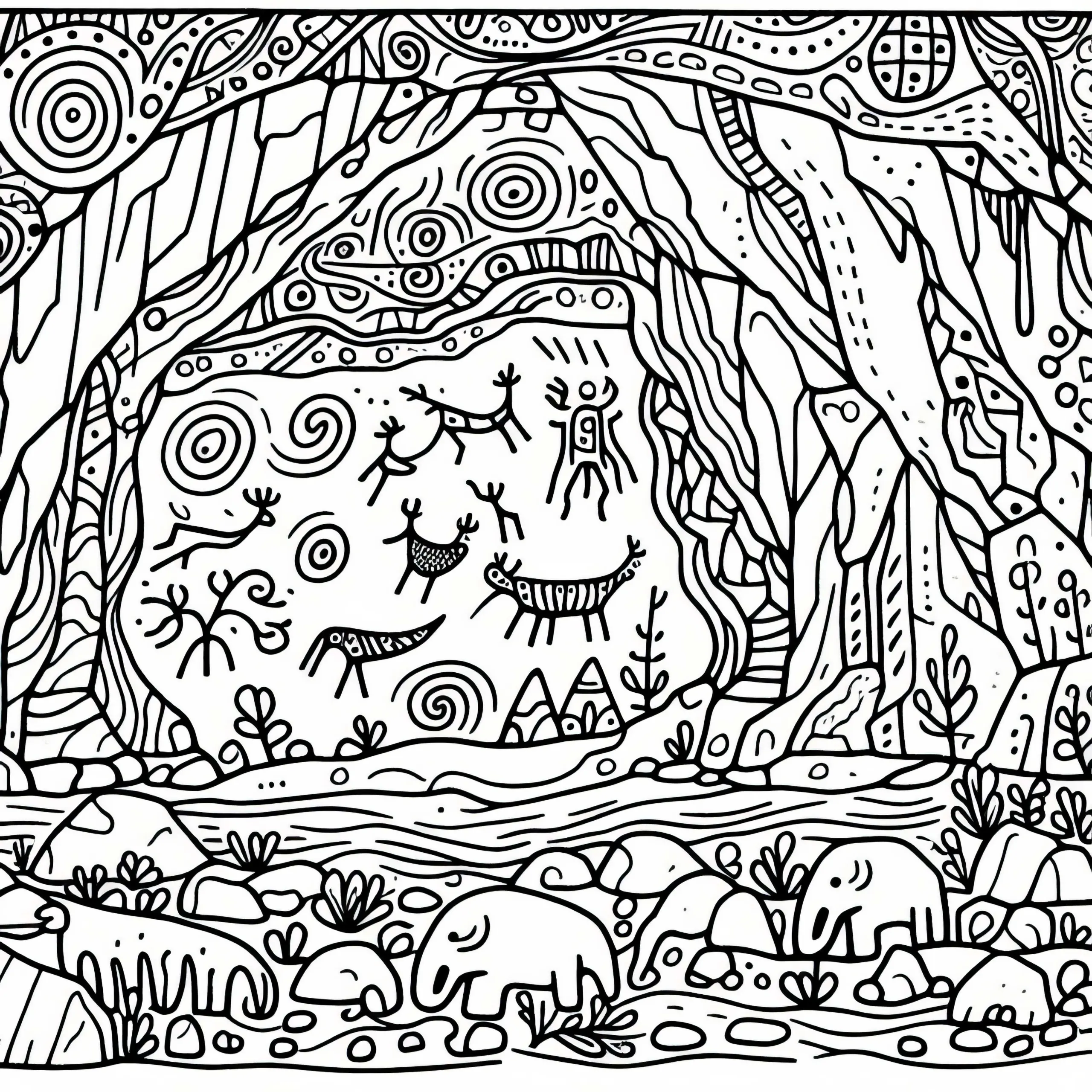 Hochwertige Ausmalvorlage mit Zeichnungen an Höhlenwand (Ausmalbild)