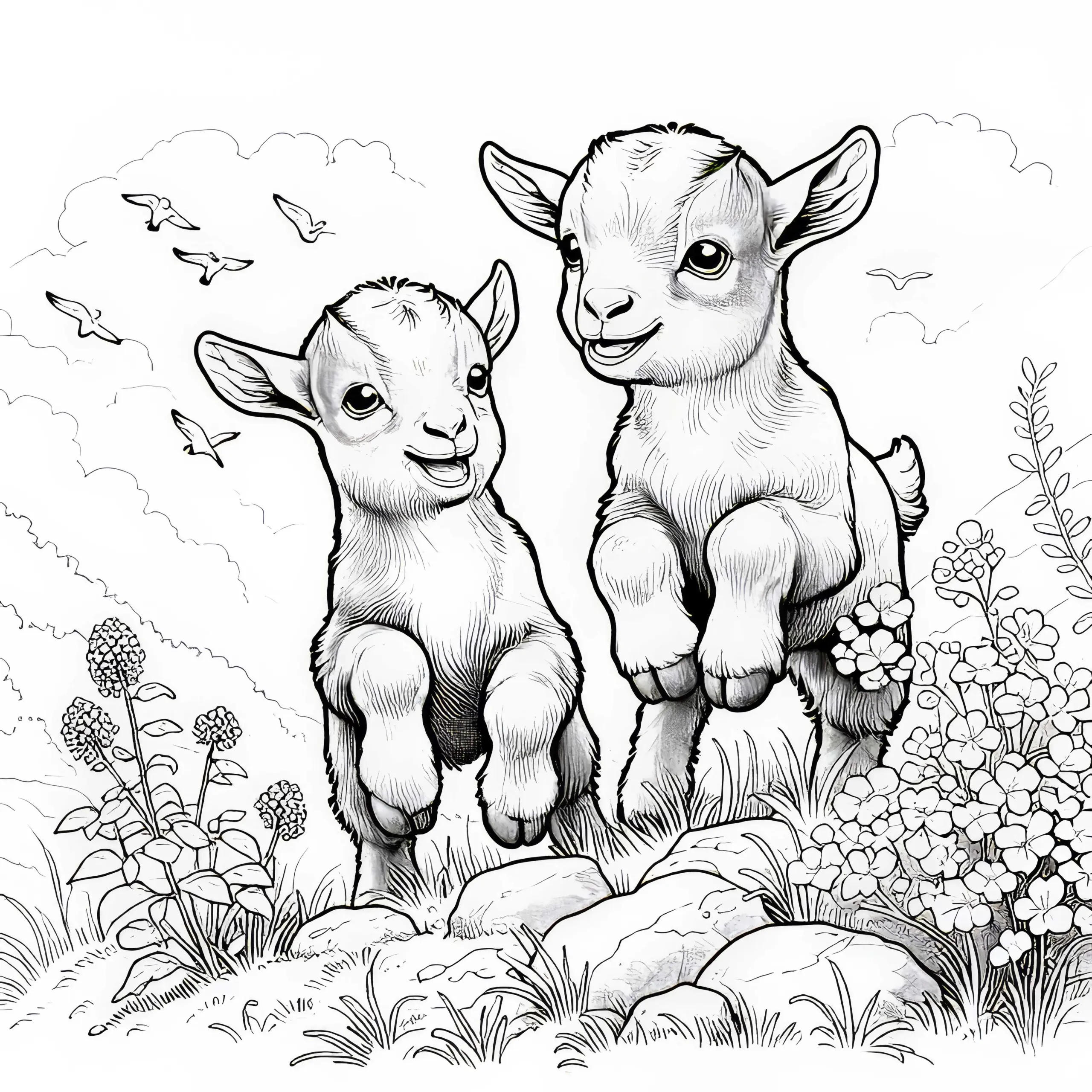 Zwei kleine Zeigen springen fröhlich auf Wiese: Detailreiche Malvorlage (Gratis) (Ausmalbild)