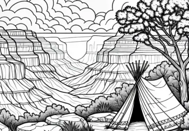 Zelt am Rand eines Canyons – Malvorlage Kostenlos