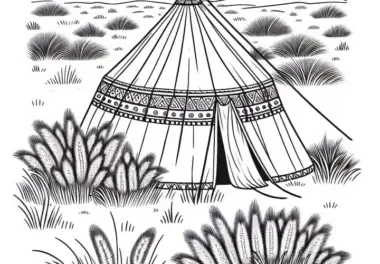 Zelt eines Nomadenvolkes zwischen Grasbüscheln in der Steppe – Ausmalbild kostenlos