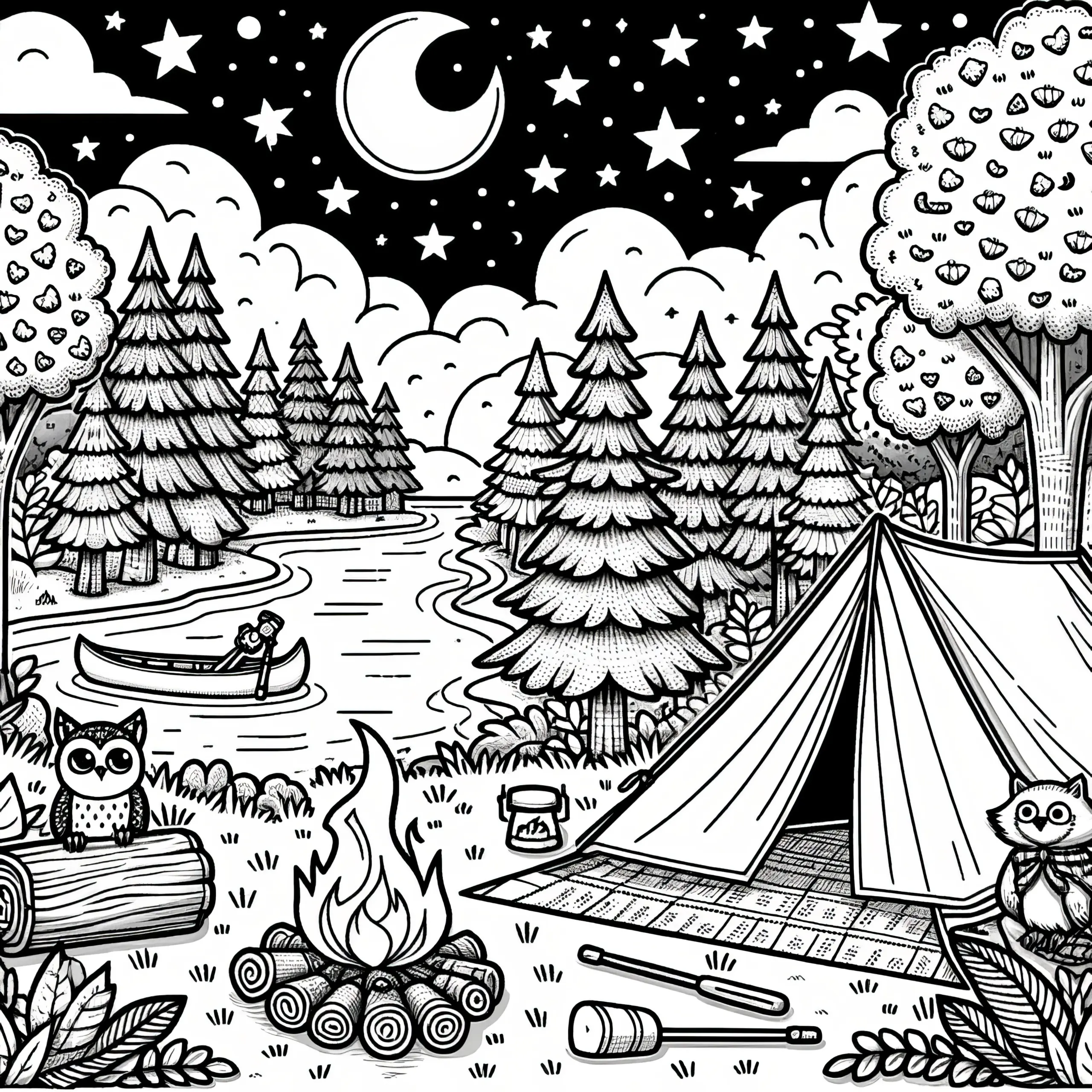 Zelt am Fluss im Wald bei Nacht: Ausmalbild für kreativen Spaß (Gratis)