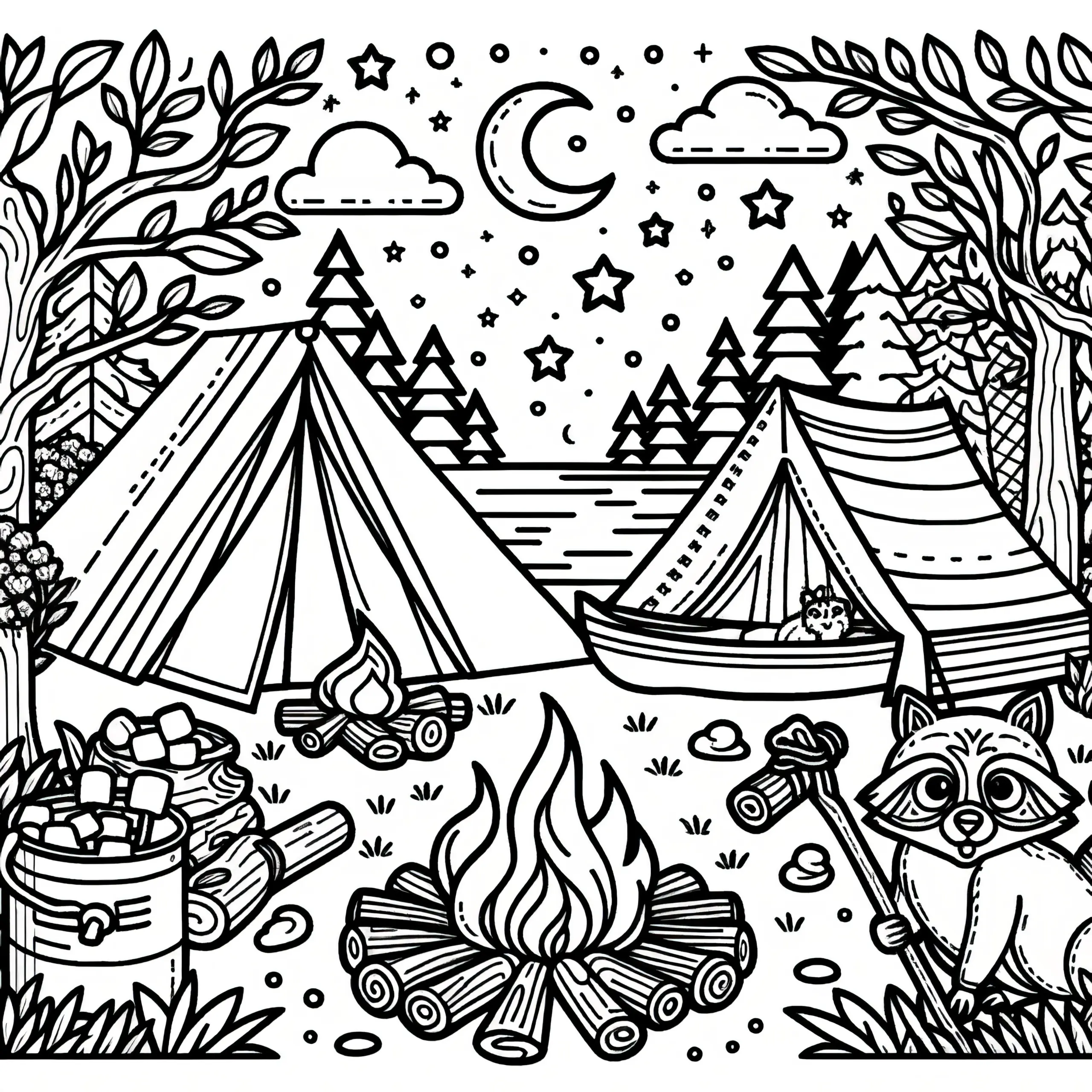 Zelten und Lagerfeuer: Naturabenteuer zum Ausmalen (Gratis) (Ausmalbild)