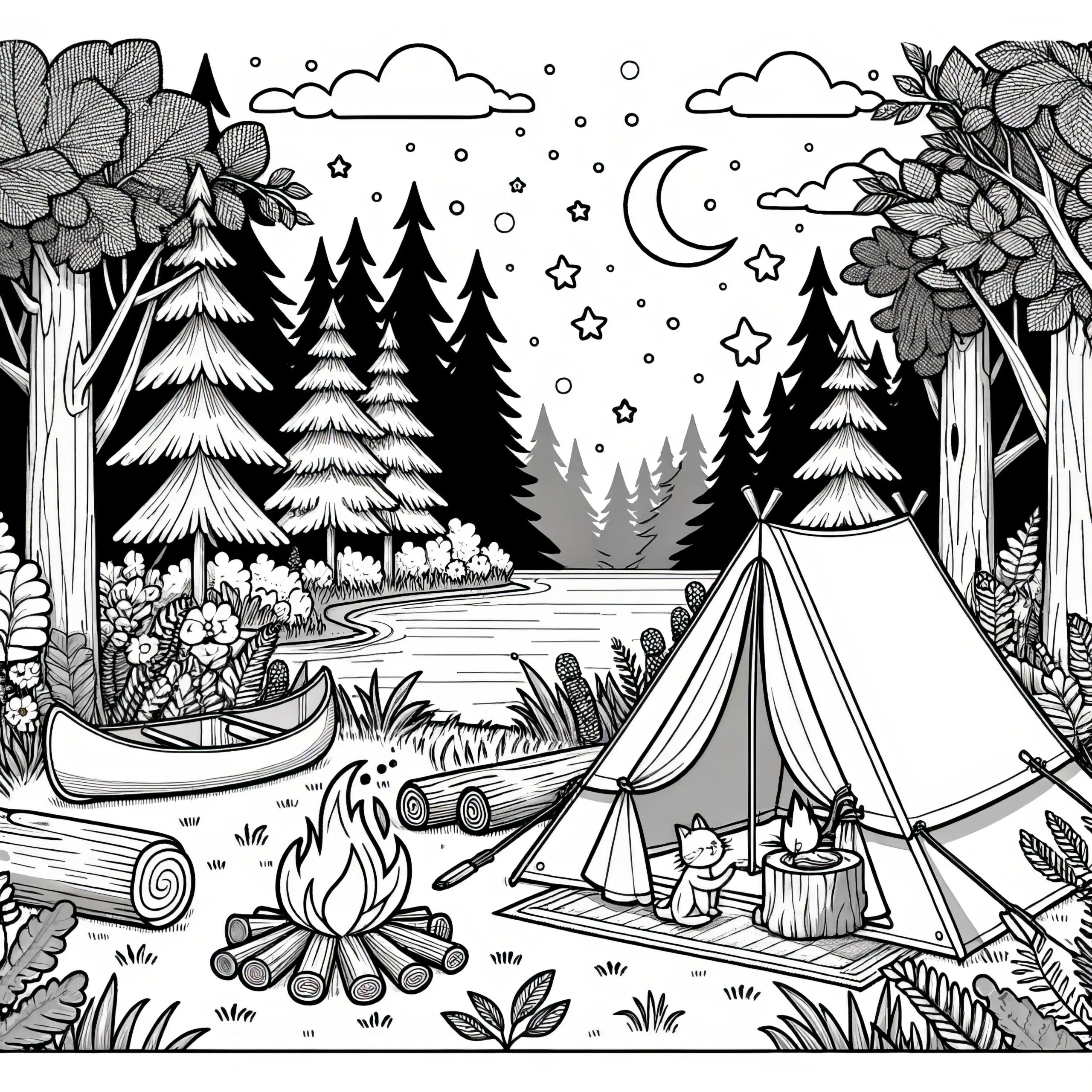 Zelten im Wald: Malvorlage kostenlos zum Download (Ausmalbild)