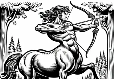 Ein Zentaur galoppiert mit gespanntem Bogen durch den Wald – Malvorlage kostenlos