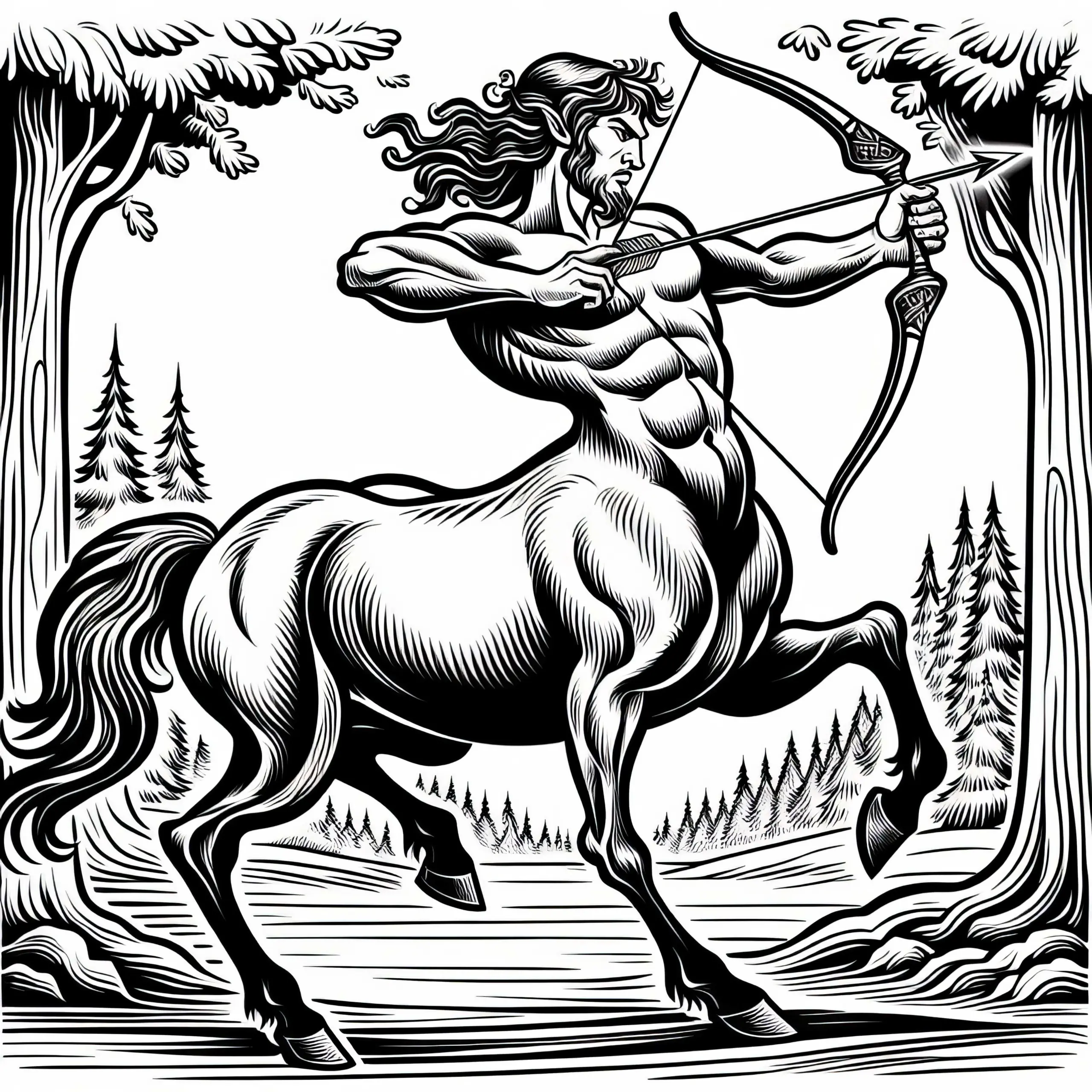 Ein Zentaur galoppiert mit gespanntem Bogen durch den Wald – Malvorlage kostenlos (Ausmalbild)