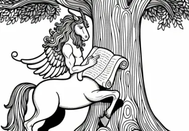 Zentaur liest in alter Schriftrolle unter großem Baum – Malvorlage kostenlos