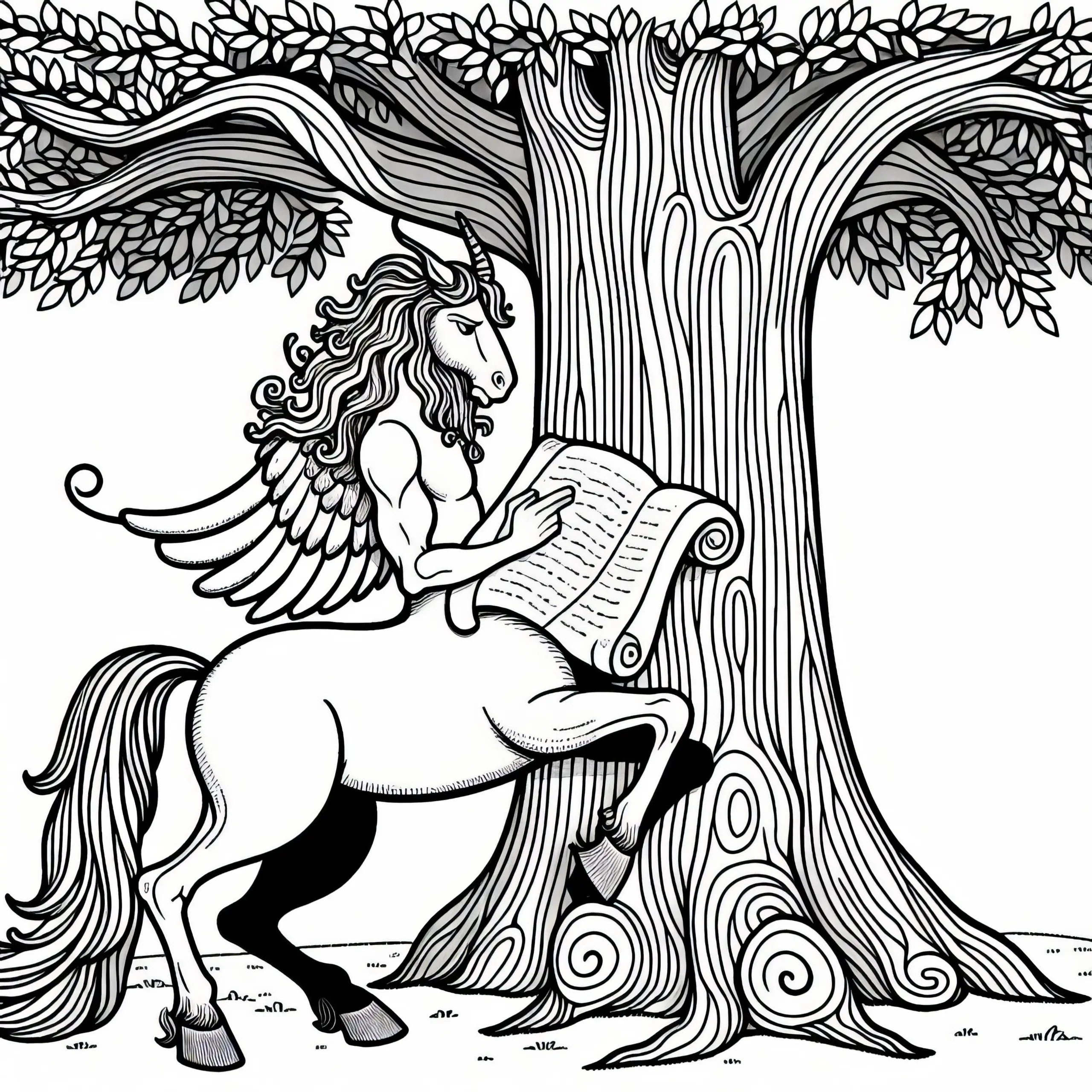 Zentaur liest in alter Schriftrolle unter großem Baum – Malvorlage kostenlos (Ausmalbild)