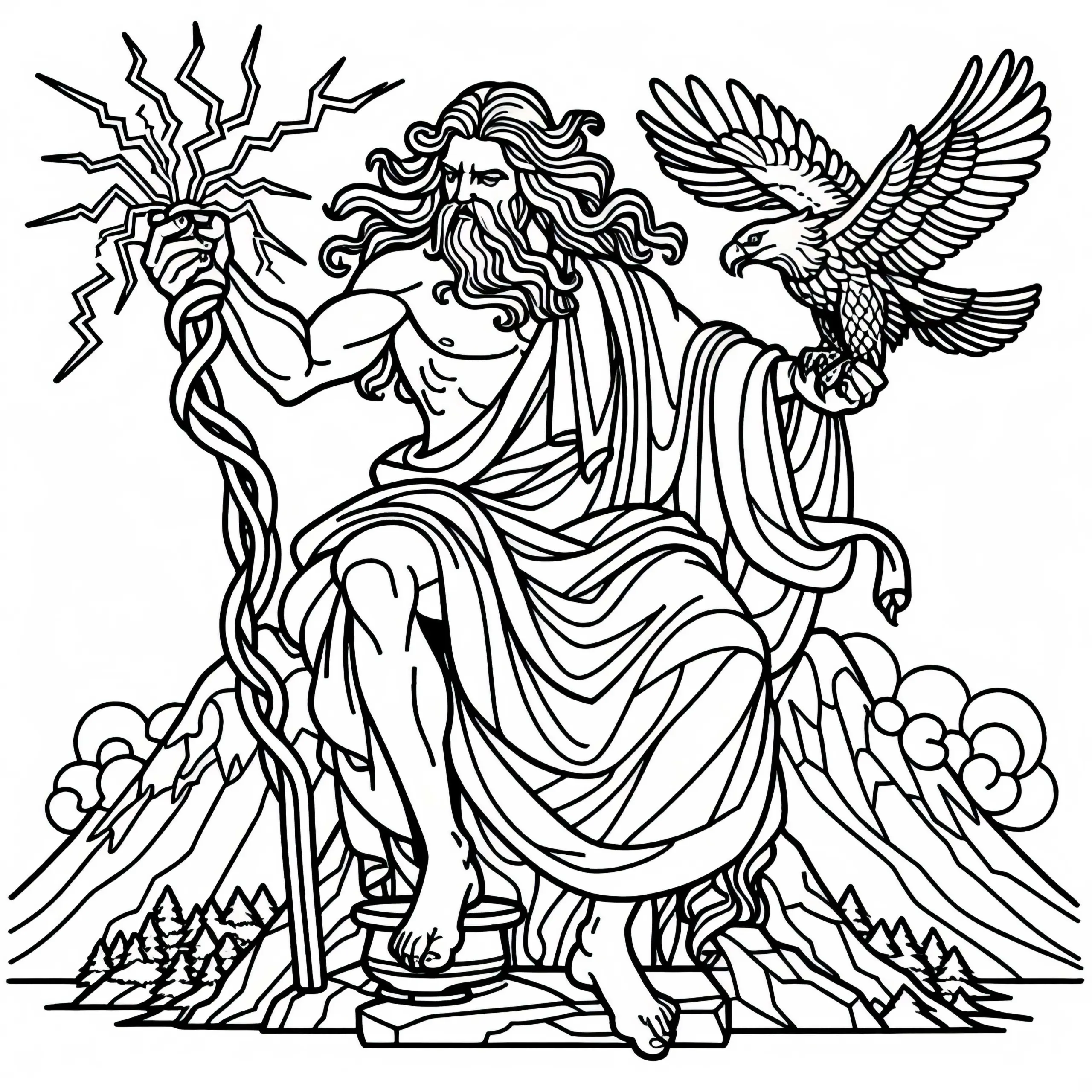 Zeus mit Blitzbündel und Adler auf dem Olymp – Malvorlage griechische Mythologie kostenlos (Ausmalbild)