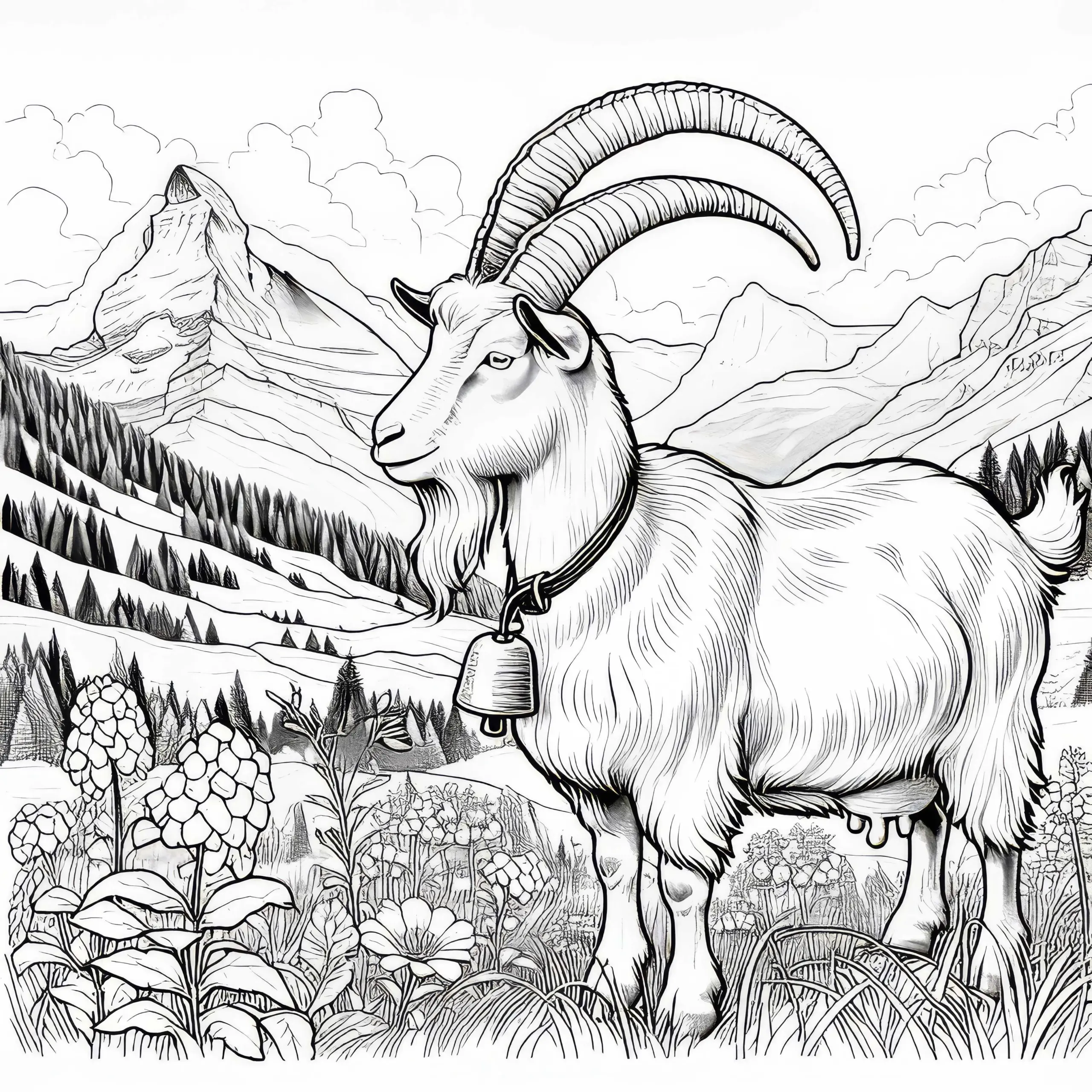 Ziege mit Glocke um Hals auf Alpwiese: Malvorlage zum Download (Kostenlos) (Ausmalbild)