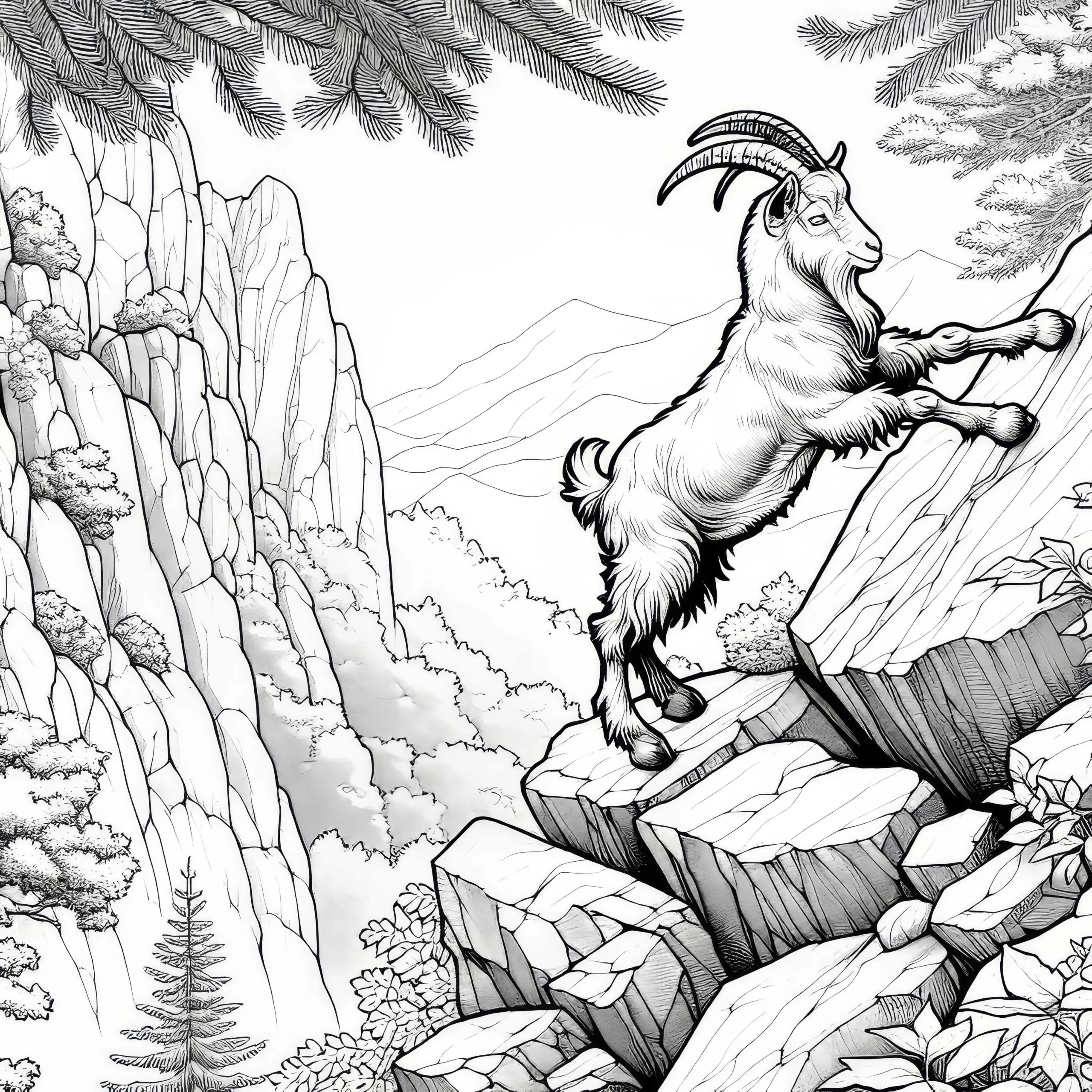 Eine Ziege klettert auf steilen Felsen: Ausmalbild zum Download (Gratis)