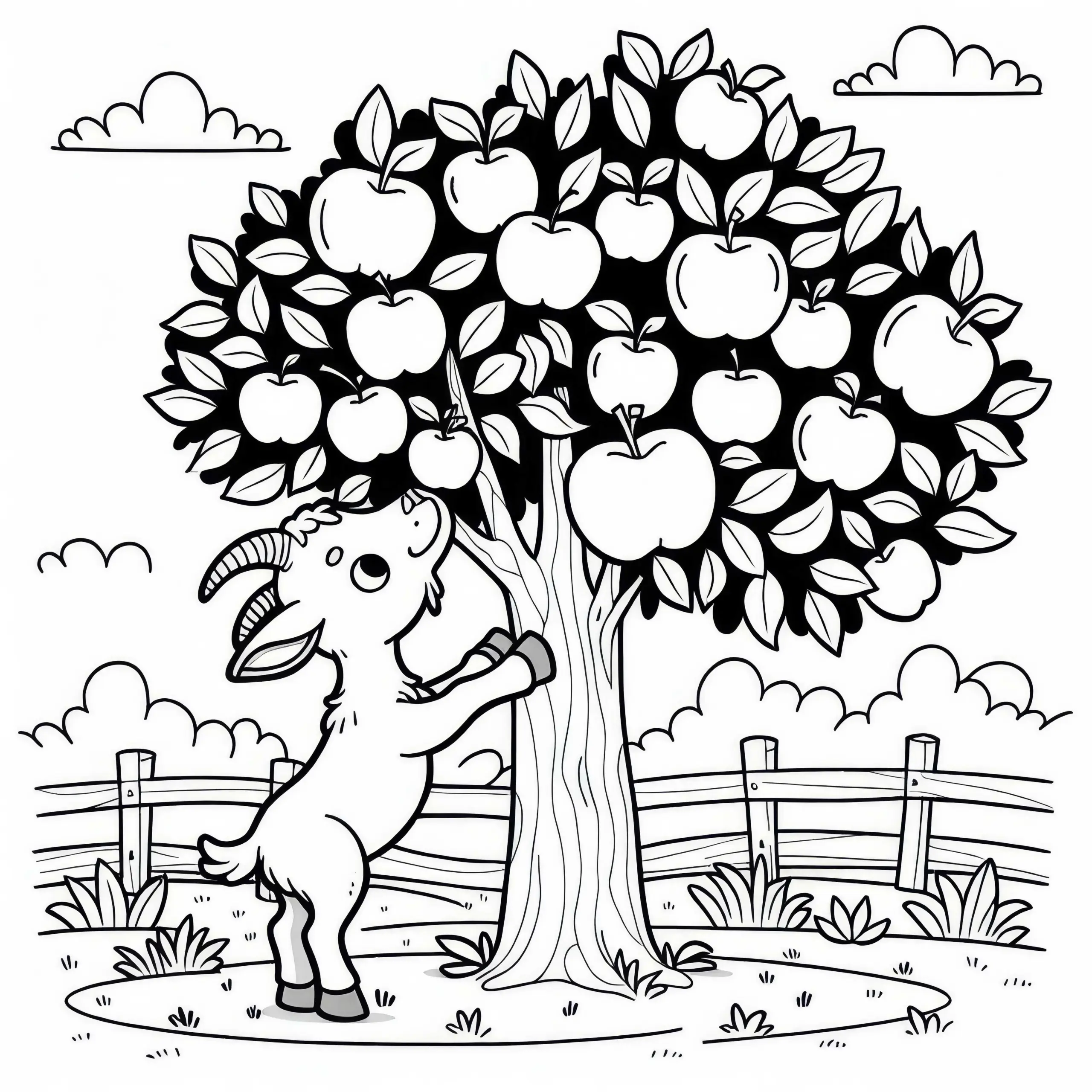 Ziege springt an Apfelbaum hoch, um einen Apfel zu fressen: Einfaches Ausmalbild (Gratis)