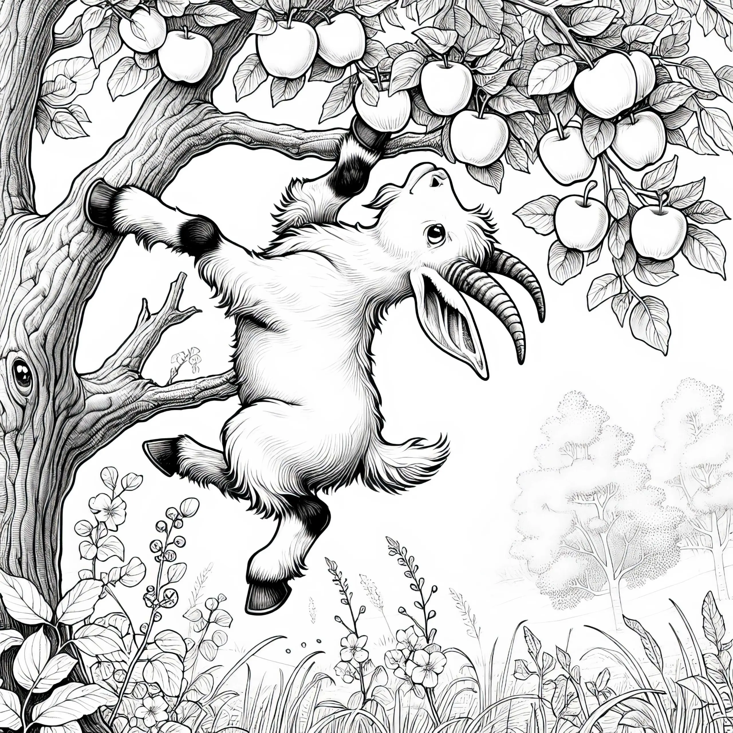 Ziege springt an Apfelbaum hoch, um Apfel zu fressen: Kostenloses Ausmalbild
