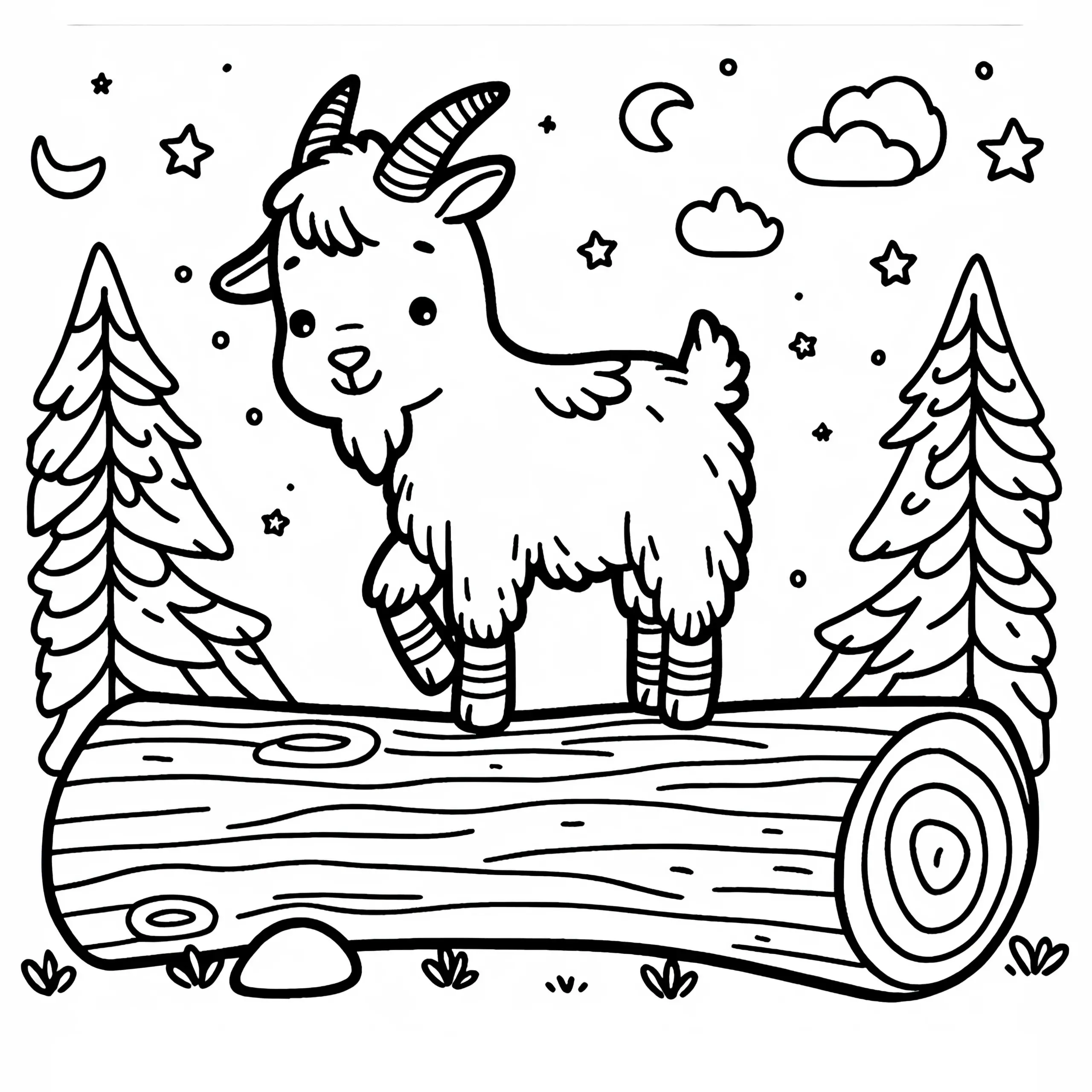 Ziege steht auf einem Holzstamm: Einfache Malvorlage (Kostenlos) (Ausmalbild)