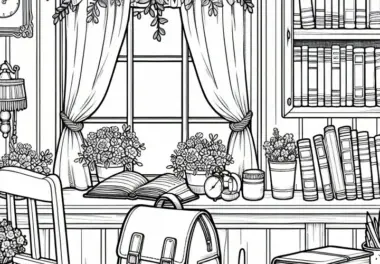 Ausmalbild für Mädchen ab neun Jahren: Zimmer im Mädcheninternat mit Büchern am Fensterplatz