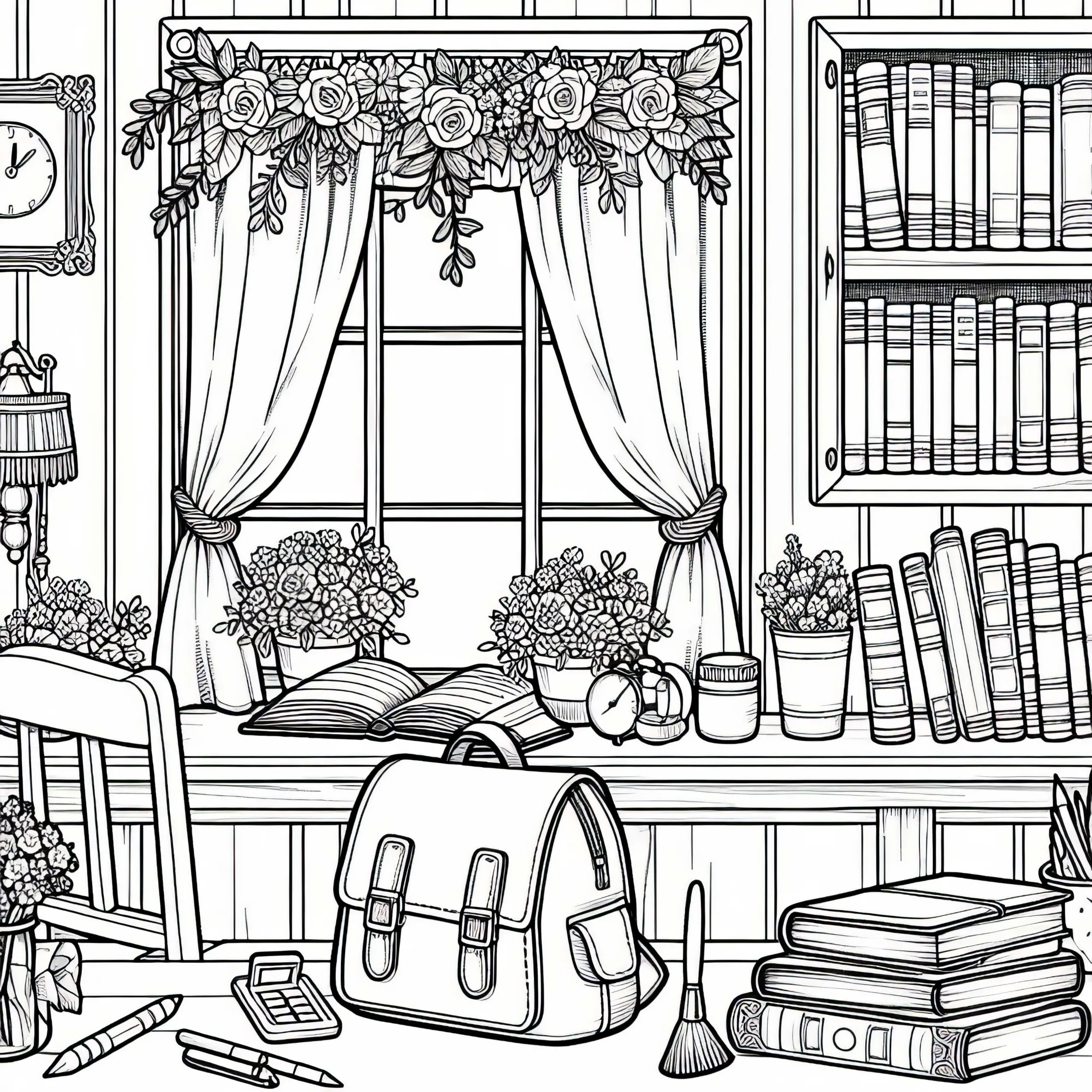 Ausmalbild für Mädchen ab neun Jahren: Zimmer im Mädcheninternat mit Büchern am Fensterplatz