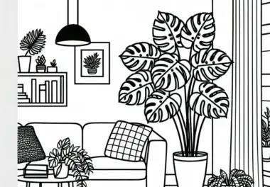 Wohnzimmer mit großer Monstera – Malvorlage für Zimmerpflanzen kostenlos