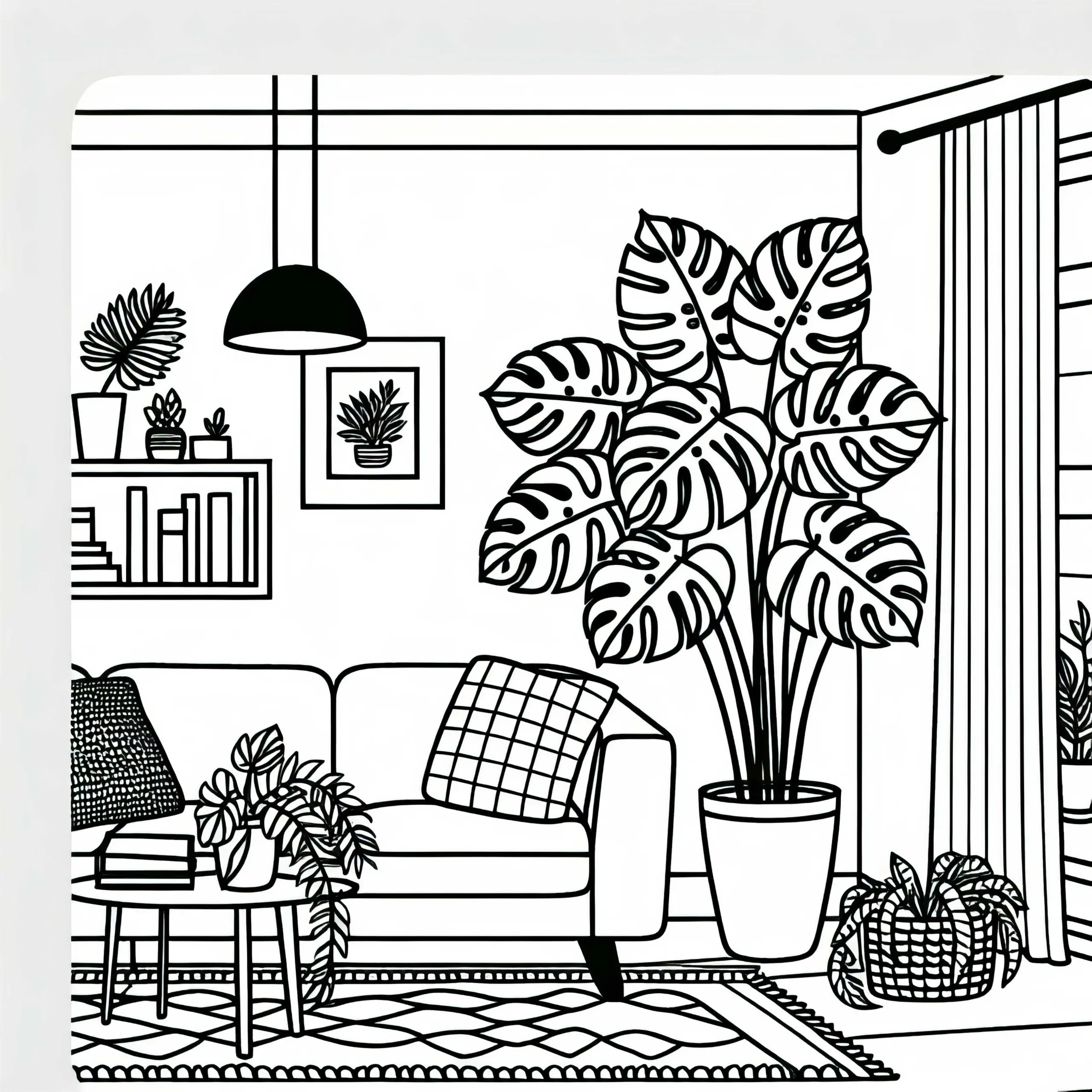 Wohnzimmer mit großer Monstera – Malvorlage für Zimmerpflanzen kostenlos (Ausmalbild)
