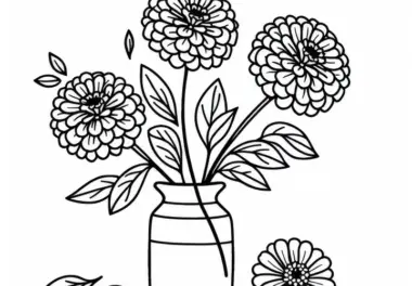 Zinnien in einer Vase – Malvorlage für Sommerblumen kostenlos