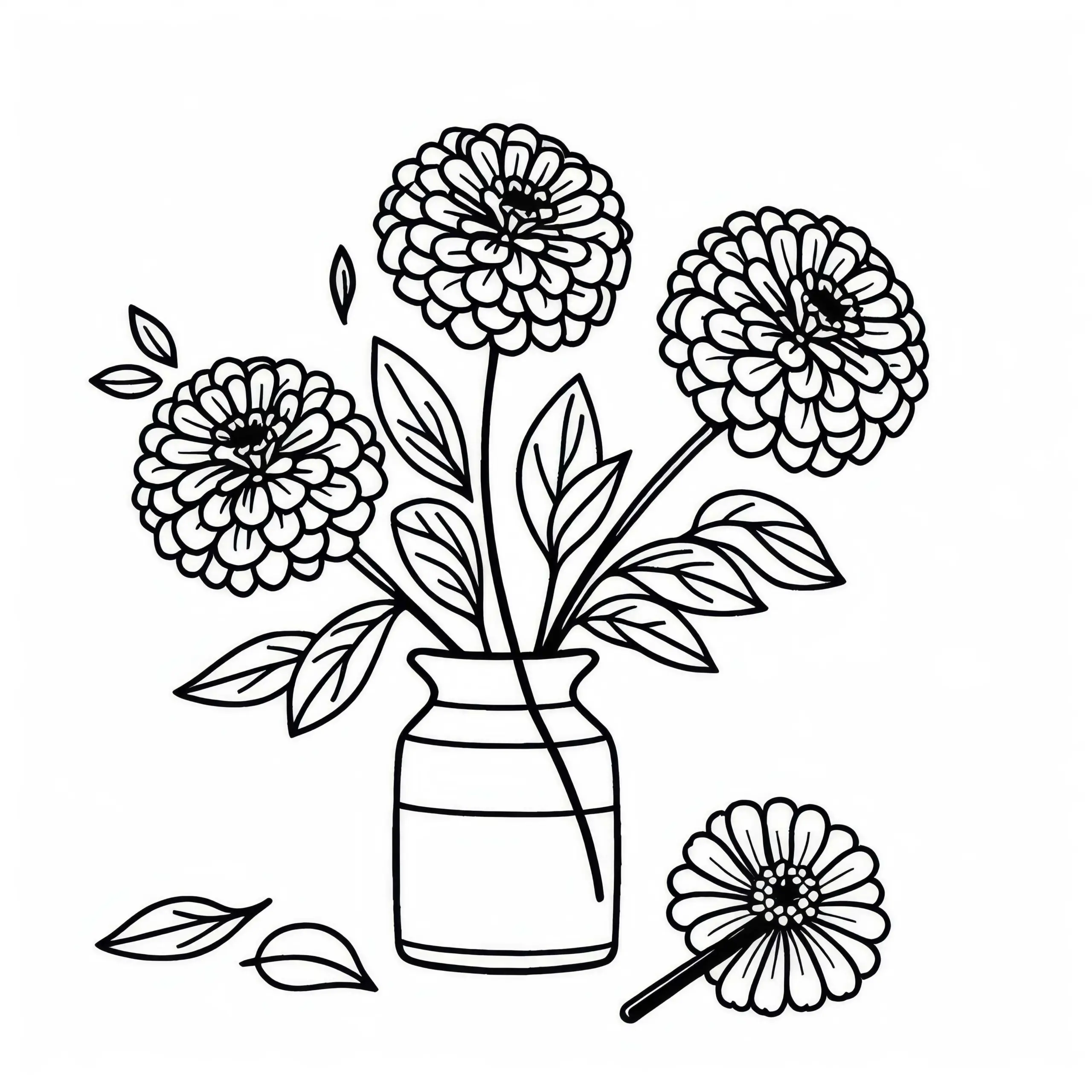 Zinnien in einer Vase – Malvorlage für Sommerblumen kostenlos (Ausmalbild)