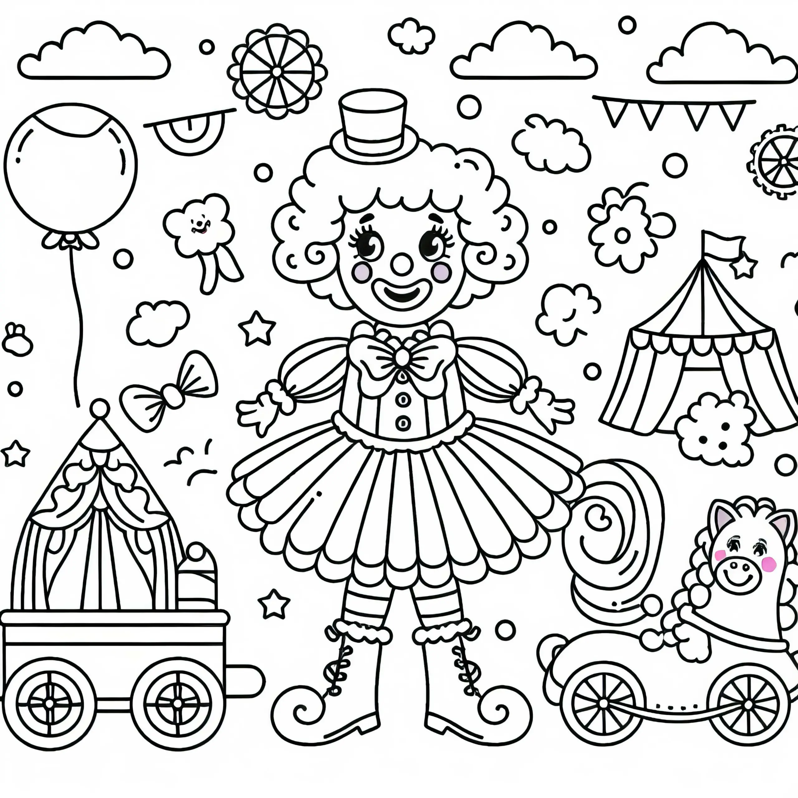 Zirkus mit Clown – Malvorlage für Mädchen ab drei kostenlos (Ausmalbild)