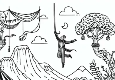 Zirkusartist schwebt in einer fantastischen Landschaft – Ausmalbild kostenlos