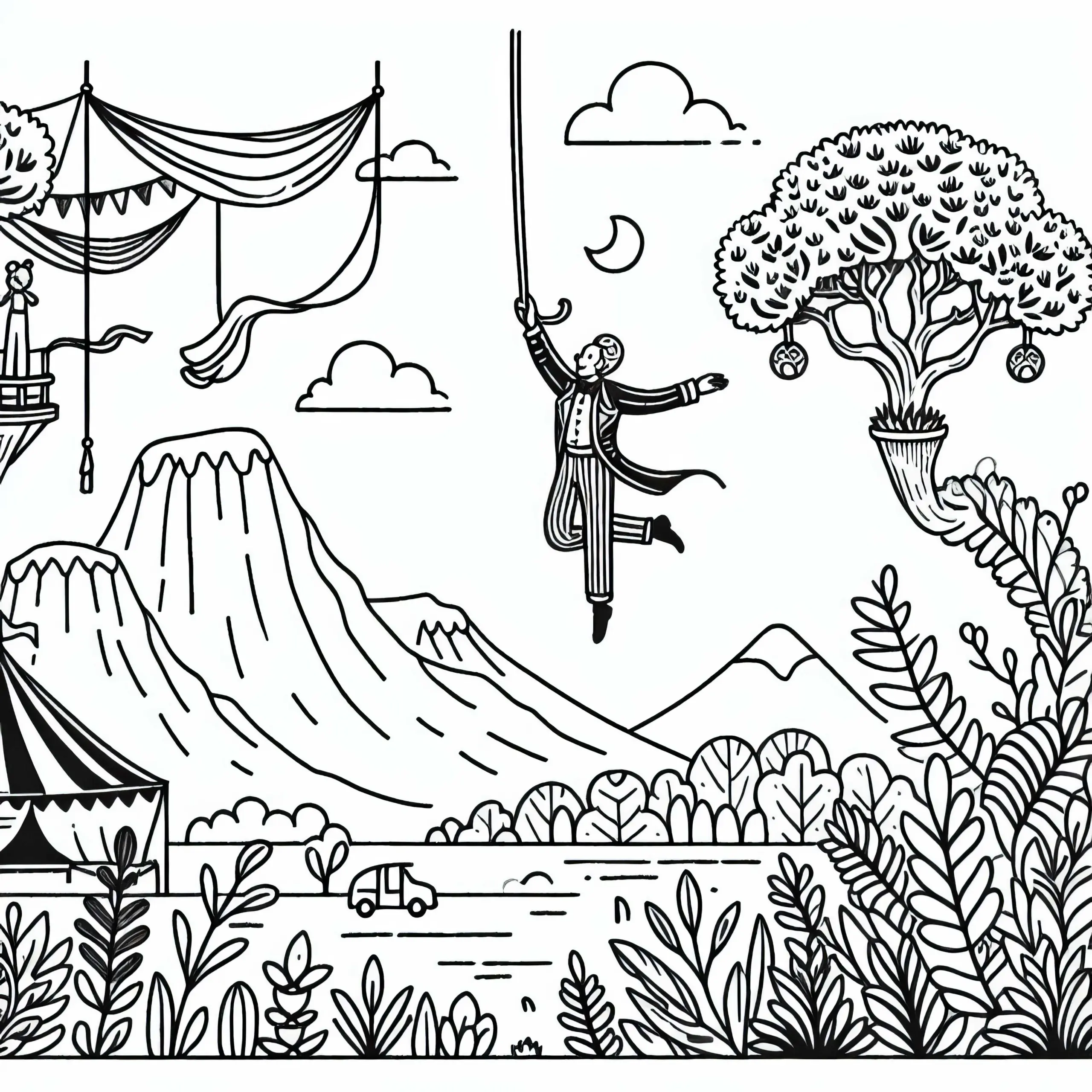 Zirkusartist schwebt in einer fantastischen Landschaft – Ausmalbild kostenlos