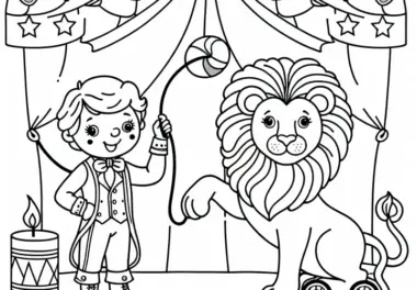 Zirkusartist trainiert mit Spielzeuglöwen – Ausmalbild kostenlos