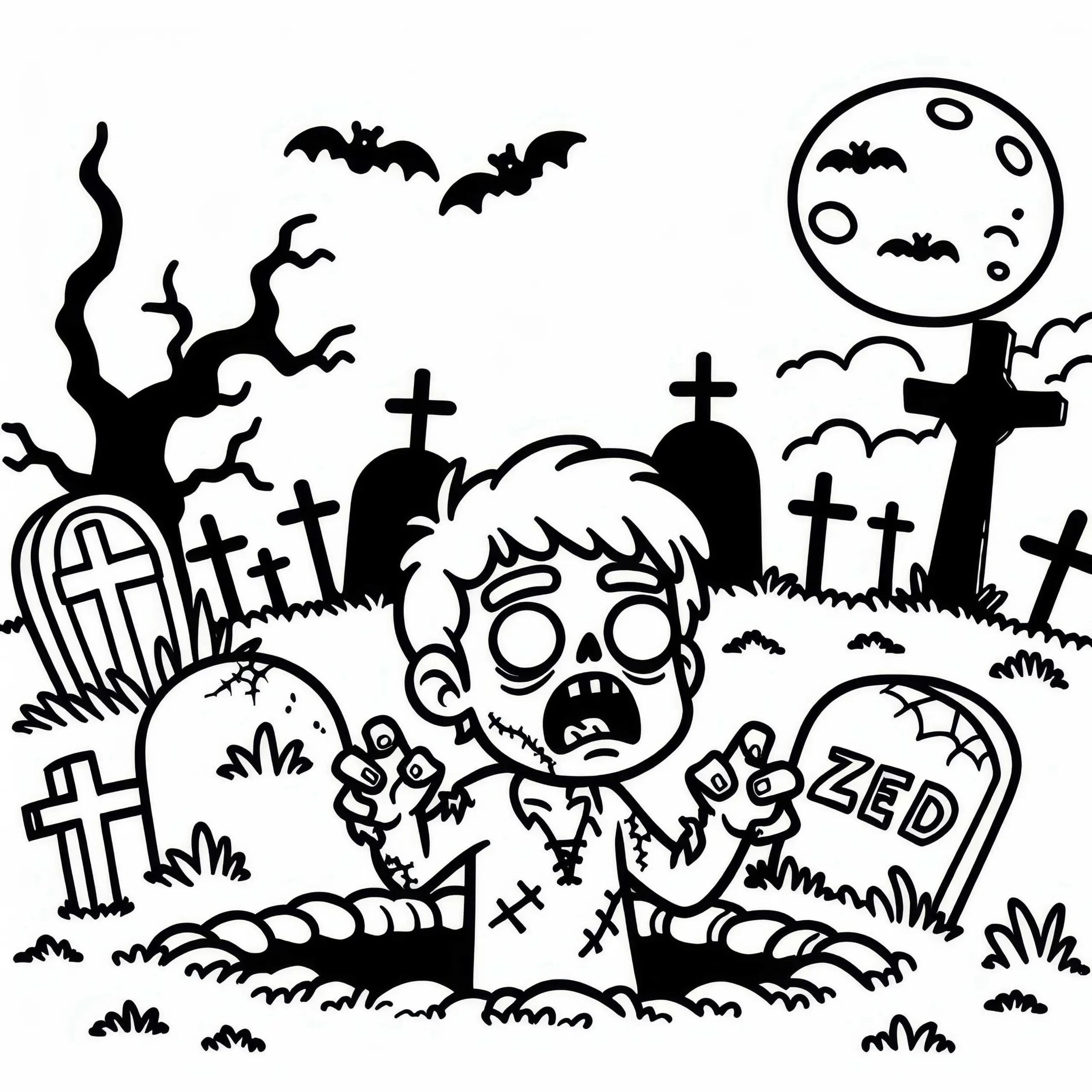 Zombie erhebt sich aus dem Grab auf einem düsteren Friedhof: Kostenloses Ausmalbild