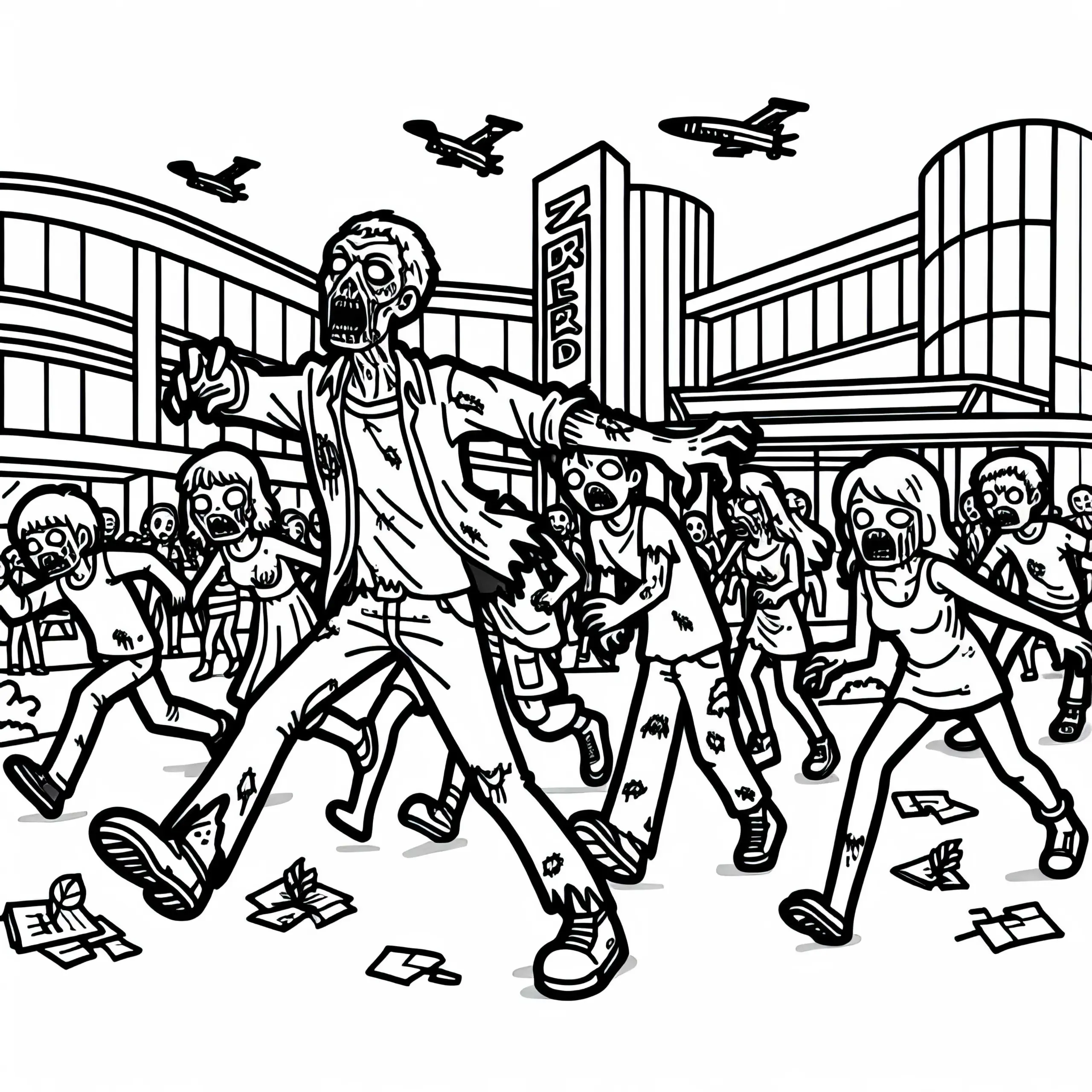 Zombie greift Gruppe von Überlebenden in Einkaufszentrum an: Ausmalbild zum Herunterladen (Gratis)