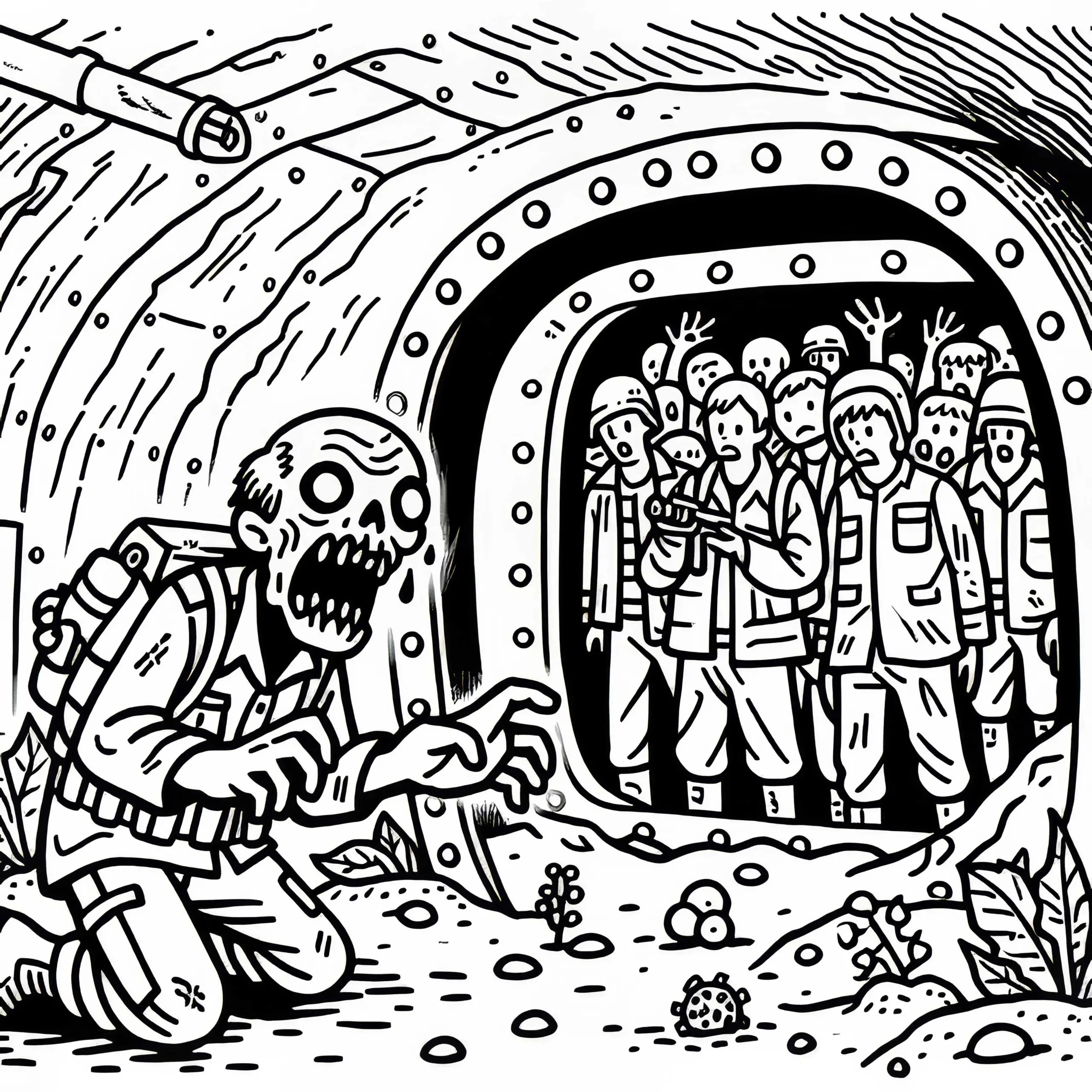 Zombie greift Gruppe Überlebender in Schutzbunker an: Malvorlage zum Download (Kostenlos) (Ausmalbild)