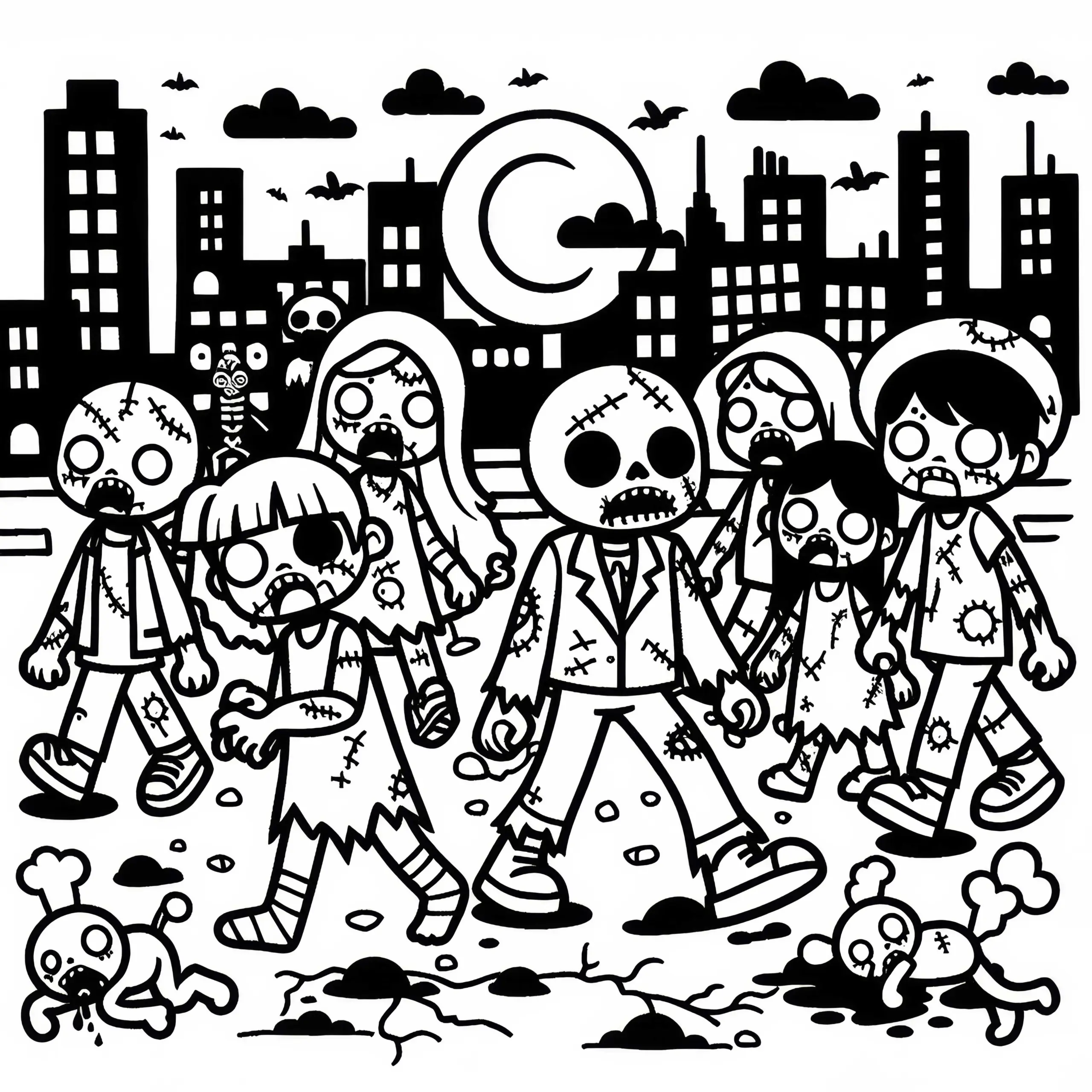 Zombies marschieren durch eine verlassene Stadt bei Nacht: Gratis Malvorlage (Ausmalbild)