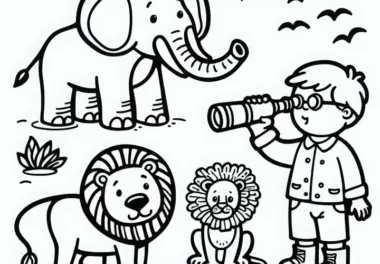 Ausmalbild für Jungs: Zoo mit Elefant, Löwe und Kind mit Fernglas