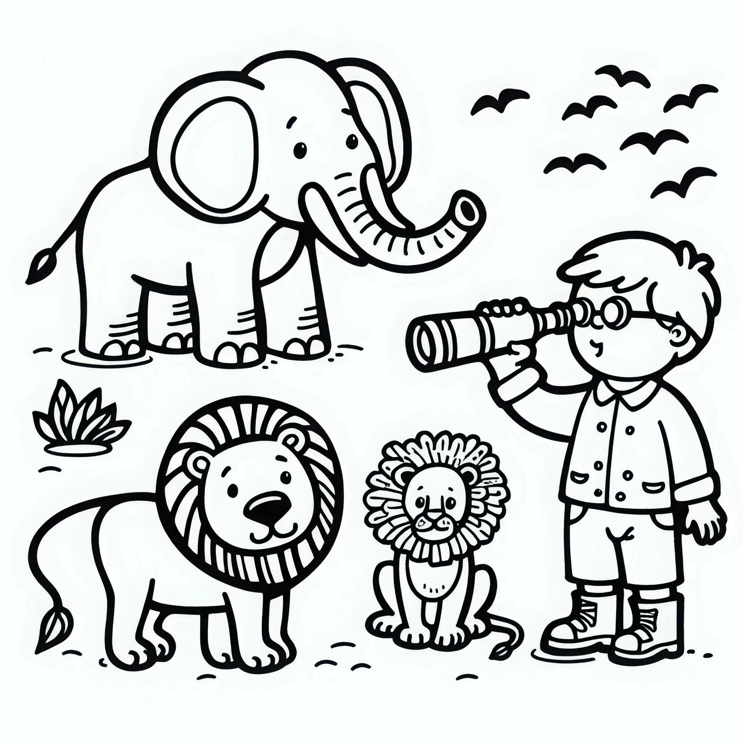 Ausmalbild für Jungs: Zoo mit Elefant, Löwe und Kind mit Fernglas