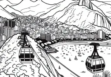 Zuckerhut in Rio mit Seilbahn – Malvorlage Südamerika kostenlos herunterladen
