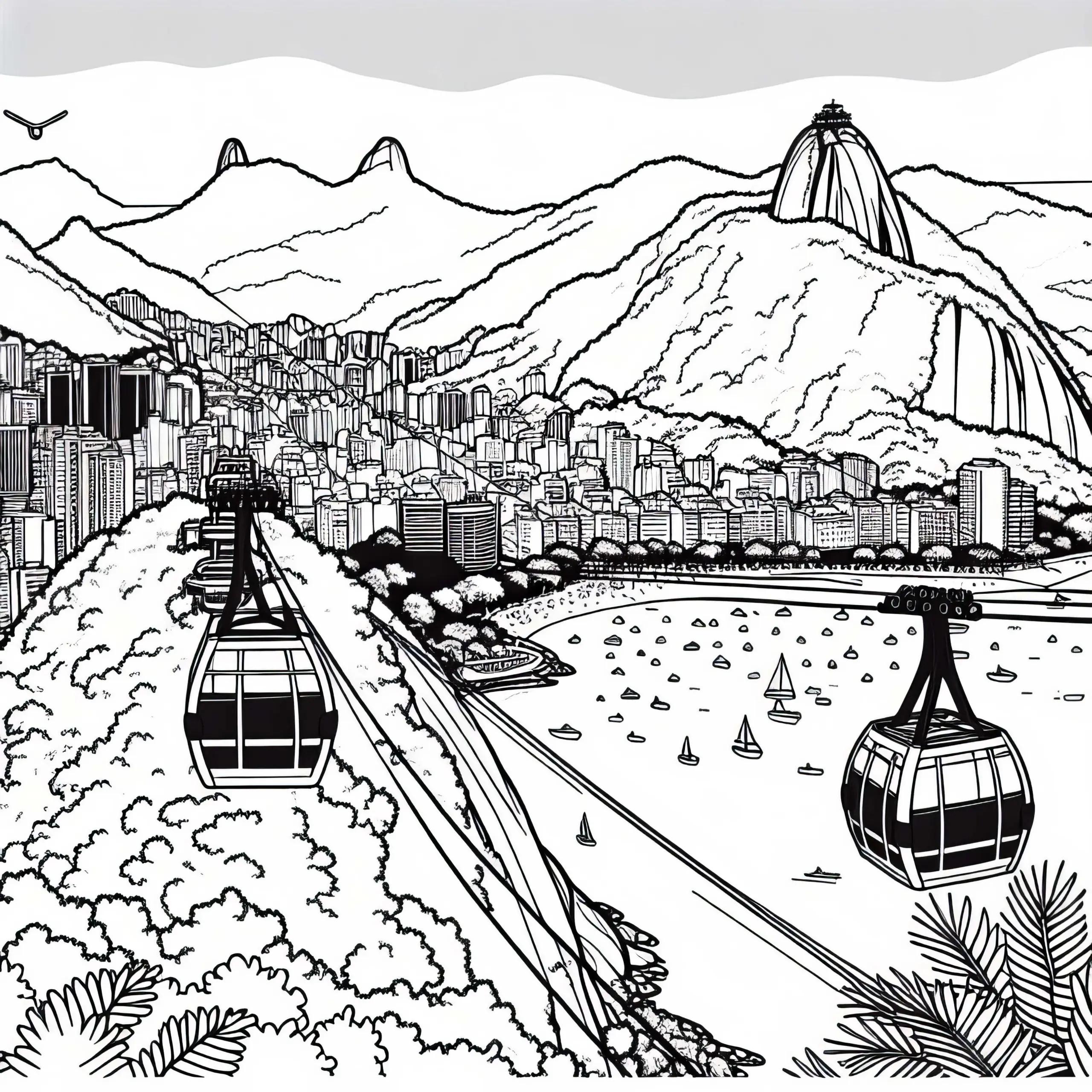 Zuckerhut in Rio mit Seilbahn – Malvorlage Südamerika kostenlos herunterladen (Ausmalbild)