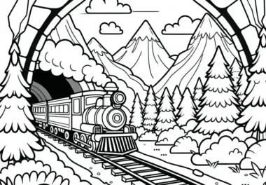 Zug durchquert Bergtunnel – Malvorlage für Jungs ab sechs kostenlos