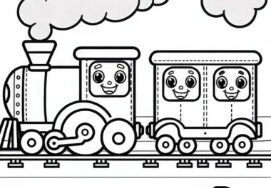 Zug mit fröhlichem Gesicht auf Waggons – Ausmalbild für Jungs ab drei