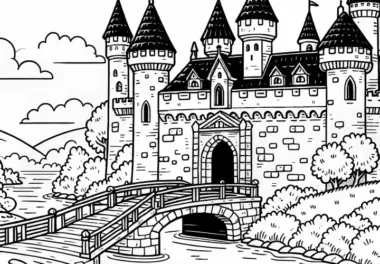 Zugbrücke über den Burggraben – Malvorlage kostenlos