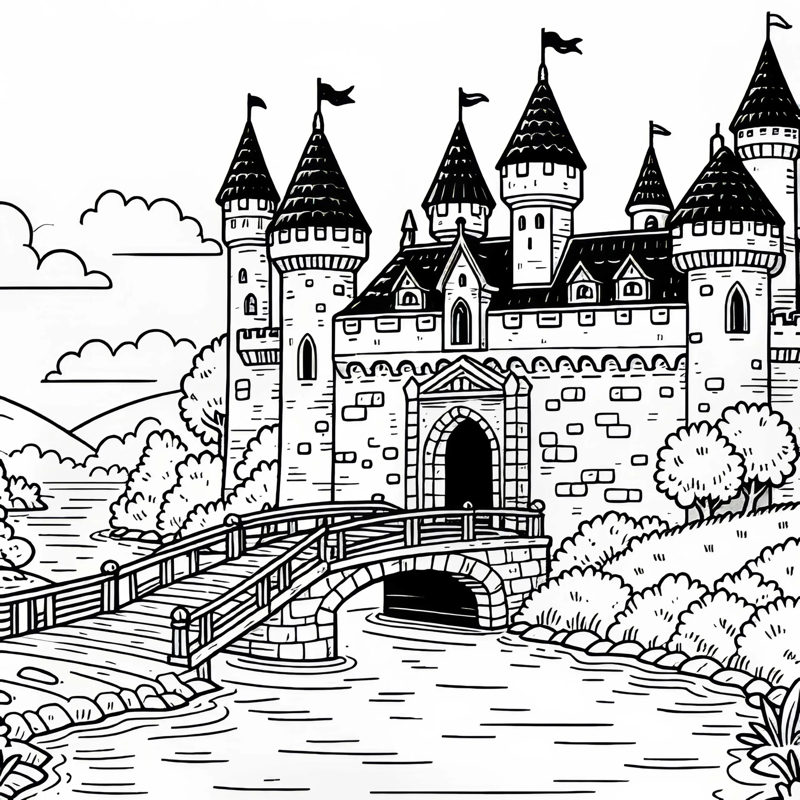 Zugbrücke über den Burggraben – Malvorlage kostenlos (Ausmalbild)