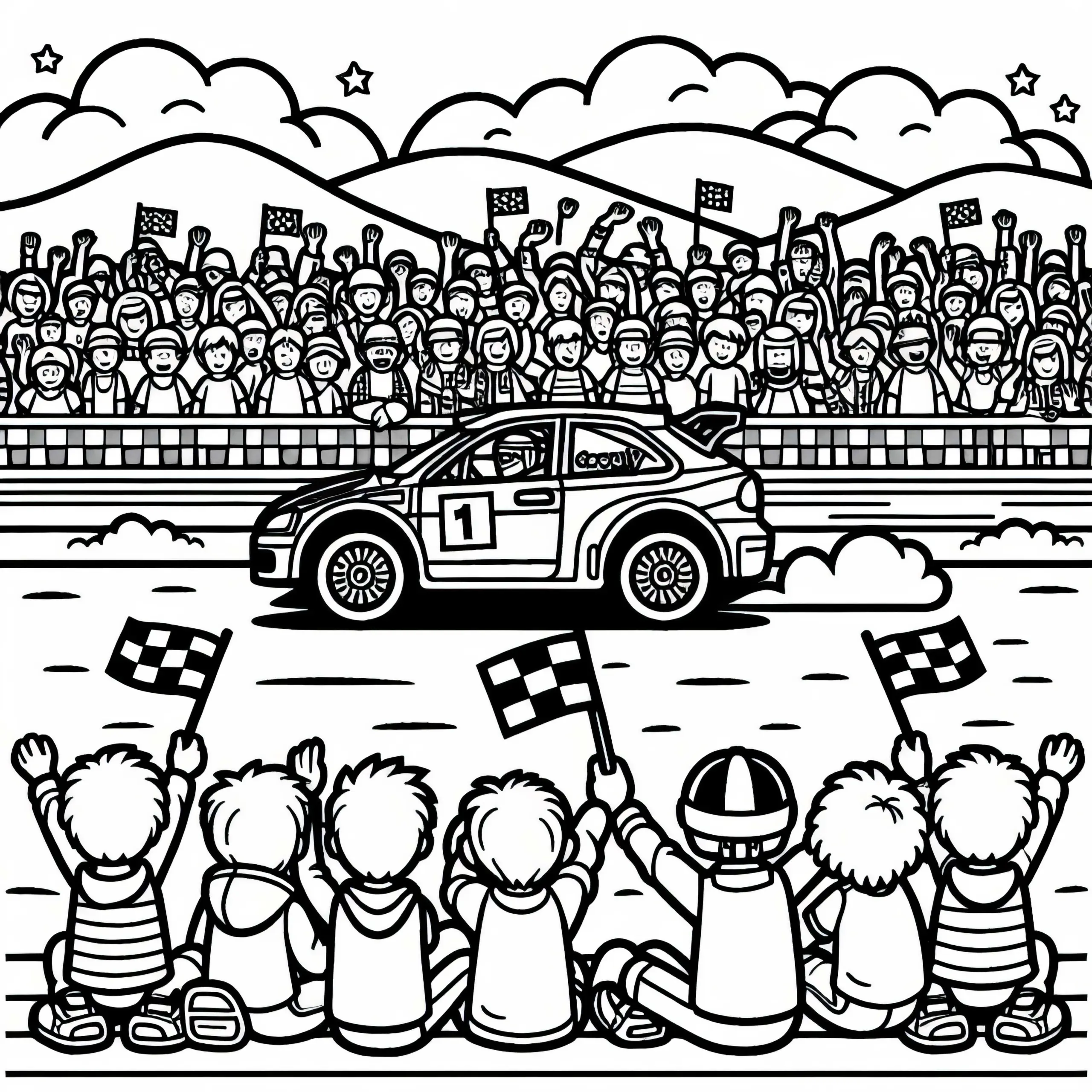 Zuschauer bei Rallye am Streckenrand – Malvorlage Kostenlos (Ausmalbild)